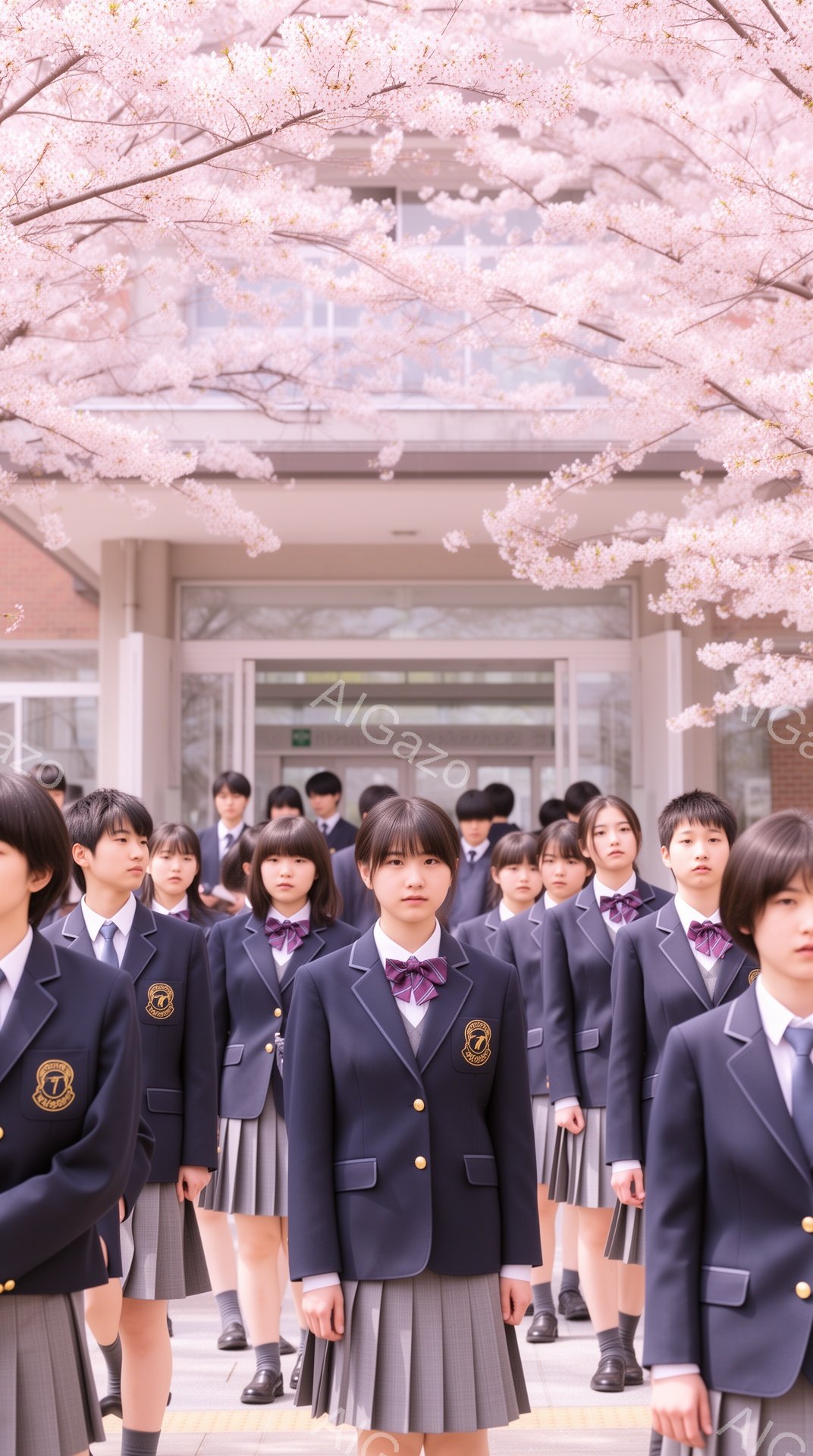 制服を着た女子高生たちが整列しており、皆真剣な表情で正面を見ている。背景には桜並木が咲き誇り、校舎の一部が見え、春の暖かさと少し緊張感のある入学式や卒業式のような雰囲気が漂う。紺色のブレザーにチェック - AI生成フリー素材