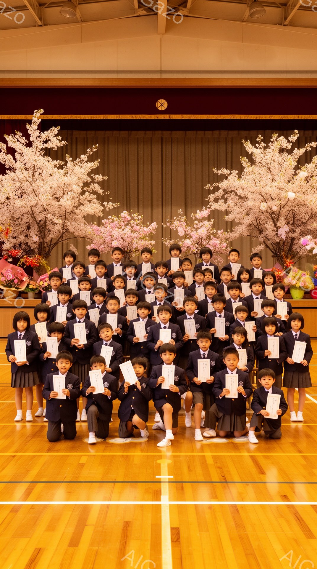 制服を着た子供たちが体育館で整列し、卒業証書を手に笑顔を見せています。背景には桜の装飾が施され、華やかな雰囲気を醸し出しています。床は木製で、明るく清潔感のある空間です。