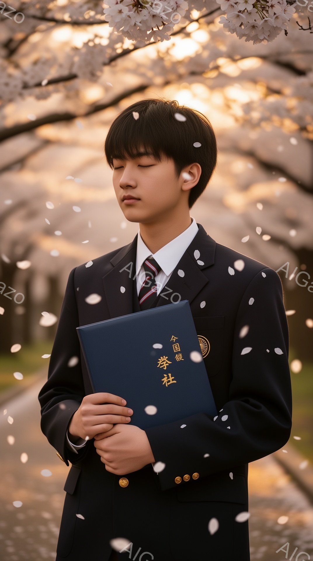 制服を着た少年が、桜の花びらが舞う中、卒業証書のようなものを抱きしめて立っている。彼の表情は穏やかで、どこか寂しげな眼差しは、未来への期待と別れへの未練が入り混じっているように見える。背景には、ぼんやりと桜並木が広がり、春の暖かく優しい光が彼を包んでいる。