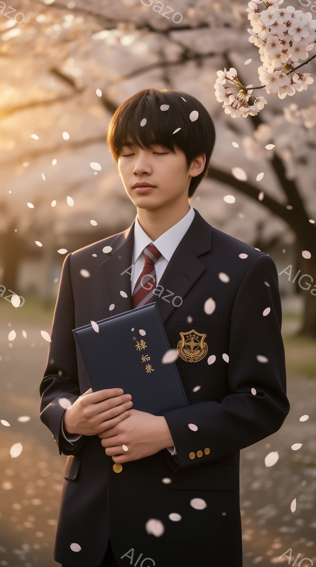 桜の花びらが舞う中、紺色の制服を着た男子高校生が立っている。彼は目を閉じ、少し微笑み、抱きしめるように卒業アルバムを持っている。背景には桜の木々とぼやけた建物が見え、春の暖かく穏やかな雰囲気が漂ってい - AI生成フリー素材