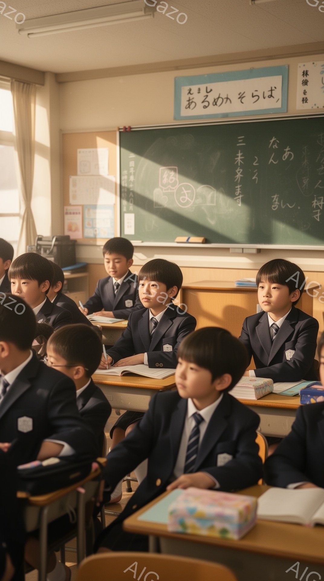 制服を着た少年たちが教室で整然と座っており、真剣な表情で前を見つめている。彼らは皆、黒髪で短髪、姿勢も良く、落ち着いた雰囲気が漂っている。教室の黒板には文字が書かれており、机の上には教科書や筆記用具が置かれ、学習風景が伺える。