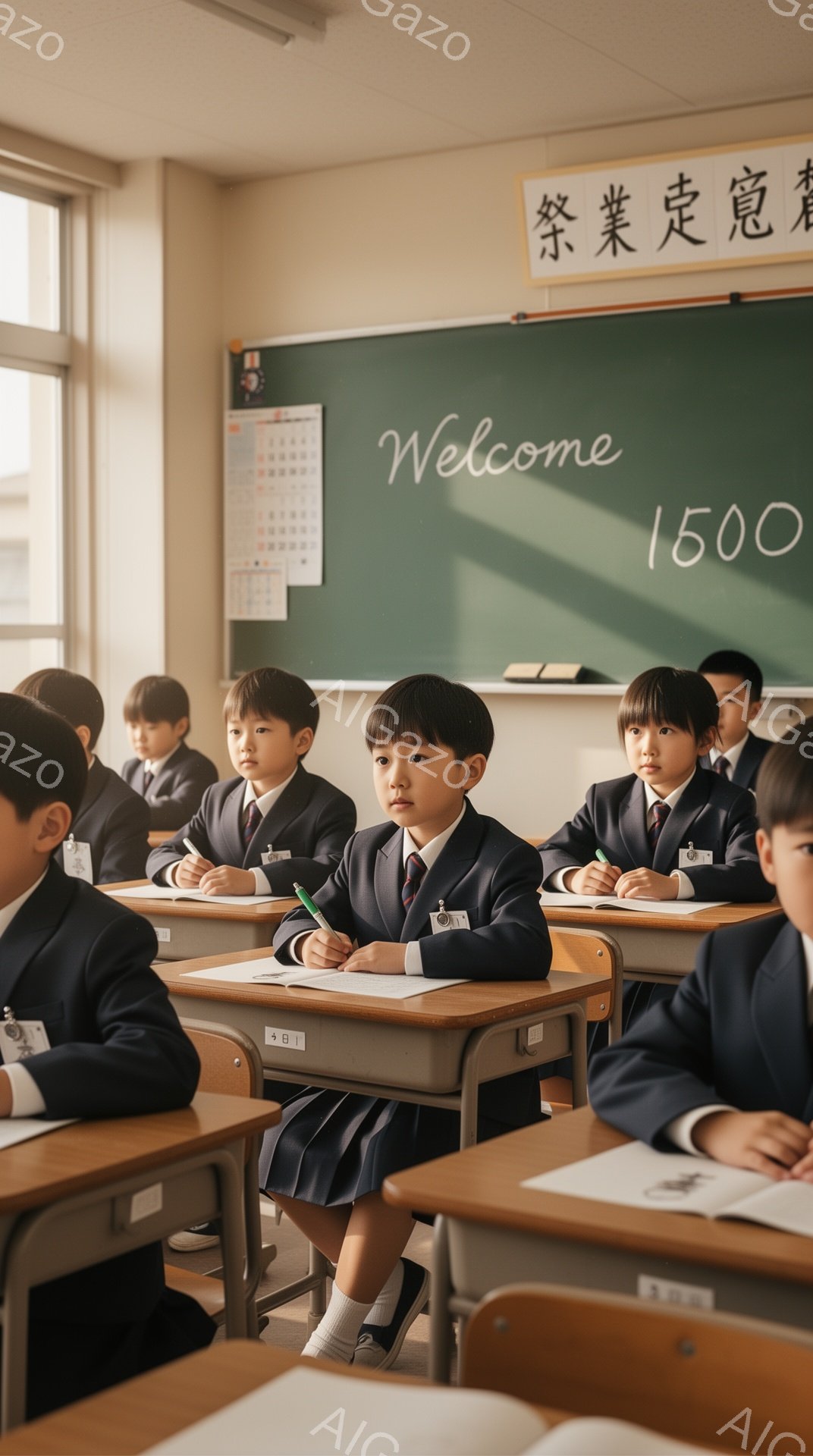 教室に座る小学生たちが写っている。紺色のブレザー、白いシャツ、茶色のスカートまたはズボンを着用し、整然と並んだ机でそれぞれ勉強に集中している。黒板には「歓迎」と書かれ、カレンダーが掛けられており、教室の雰囲気は落ち着いていて、学習に集中できる環境であることがわかる。