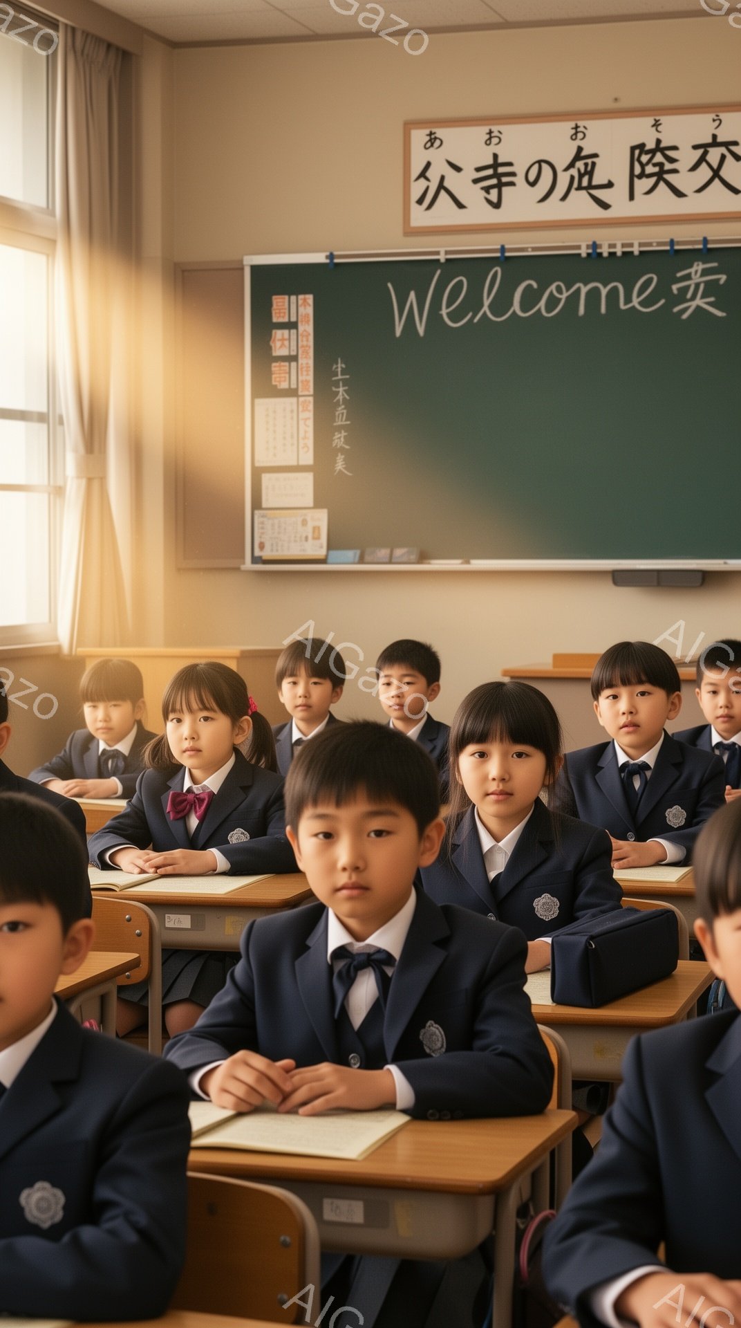 紺色の制服を着た小学生たちが教室で一列に並んで座っています。子供たちは皆、黒髪で、真剣な表情で正面を見つめており、姿勢も整っています。教室の黒板には文字が書かれており、背景には木製の机と椅子が並び、全 - AI生成フリー素材