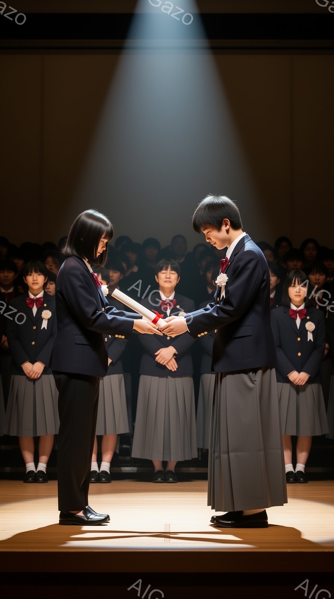 舞台上で、制服を着た女子生徒が一人、卒業証書を受け取ろうとしている場面です。彼女は黒いショートヘアで、真剣な表情で相手を見つめ、右手を伸ばして証書を受け取ろうとしています。背景には同じ制服を着た他の生徒たちが整然と並び、会場全体が厳かで感動的な雰囲気です。