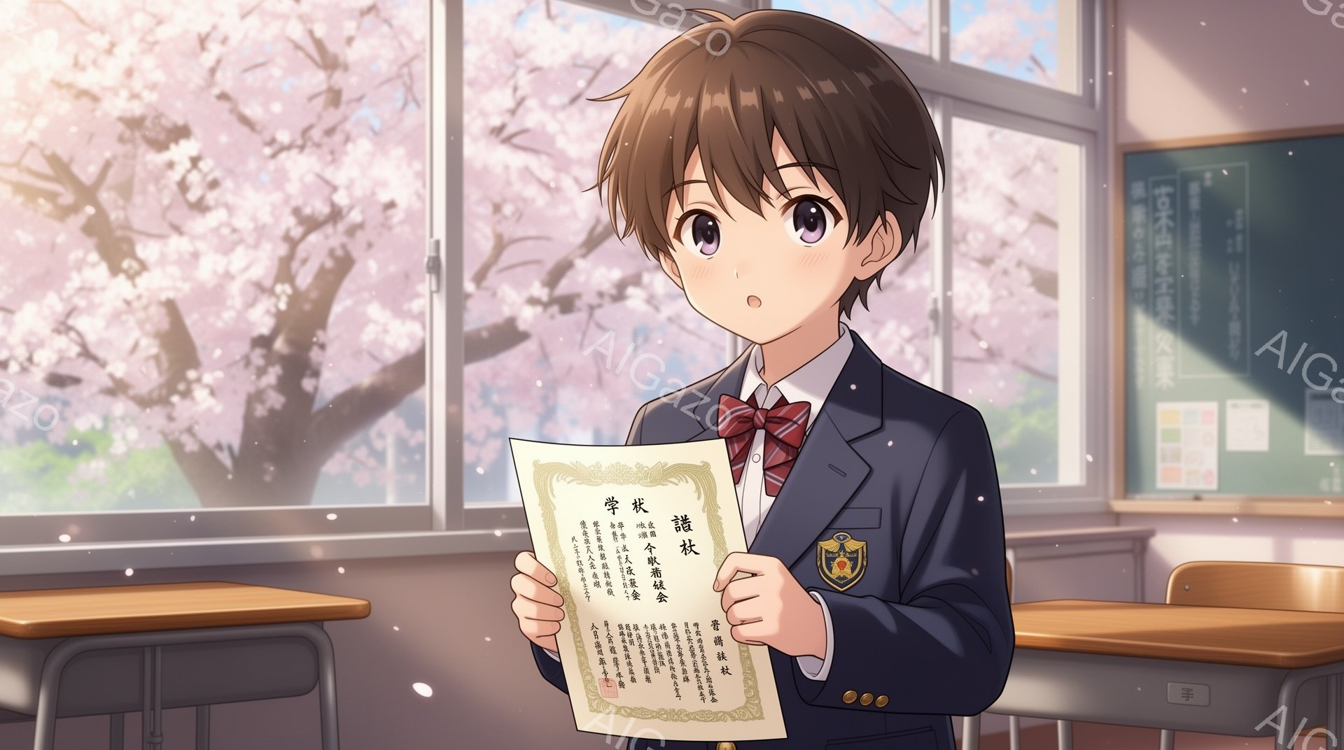 制服を着た女子高生が教室で、賞状を手に微笑んでいます。彼女は長い茶色の髪で、少し照れたような表情をしています。背景には桜並木が見え、教室からは柔らかな光が差し込み、春らしい穏やかな雰囲気が漂っています。