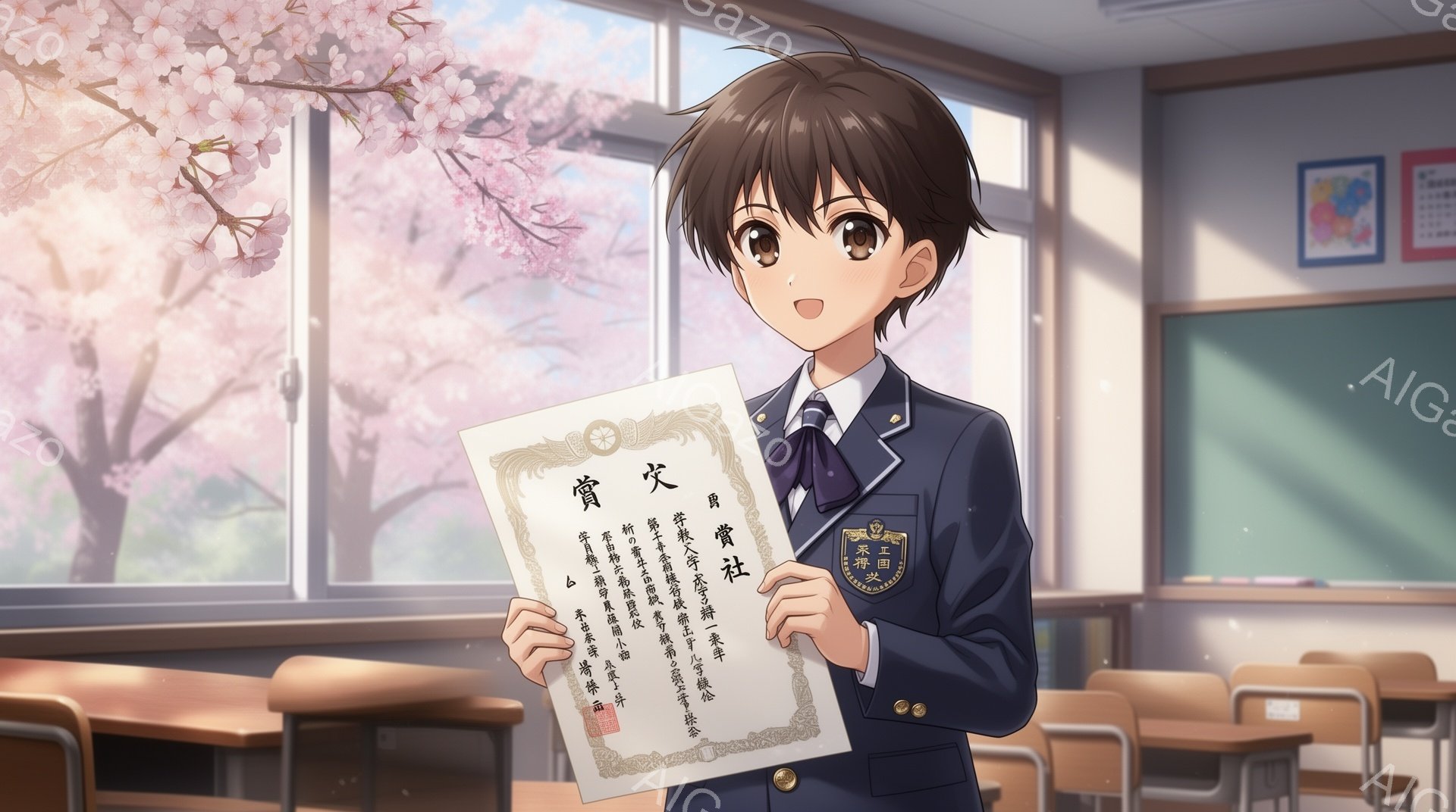 制服を着た女子学生が、表彰状を手に微笑んでいます。彼女は黒髪のショートヘアで、明るい表情をしており、制服は濃い青色で金色のボタンが並んでいます。背景は教室で、机と椅子が整然と並べられており、窓の外には - AI生成フリー素材