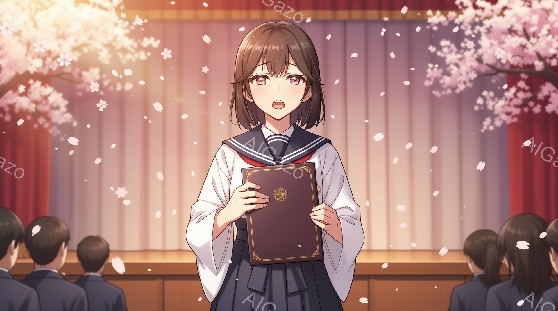 画像は、制服を着た若い女性が演壇に立っている様子を描いています。彼女は短い茶髪で、少し緊張した表情で、手に革表紙の黒い本を抱えています。背景には、桜の花びらが舞い、他の学生たちが座っており、卒業式のような厳かで感動的な雰囲気を醸し出しています。