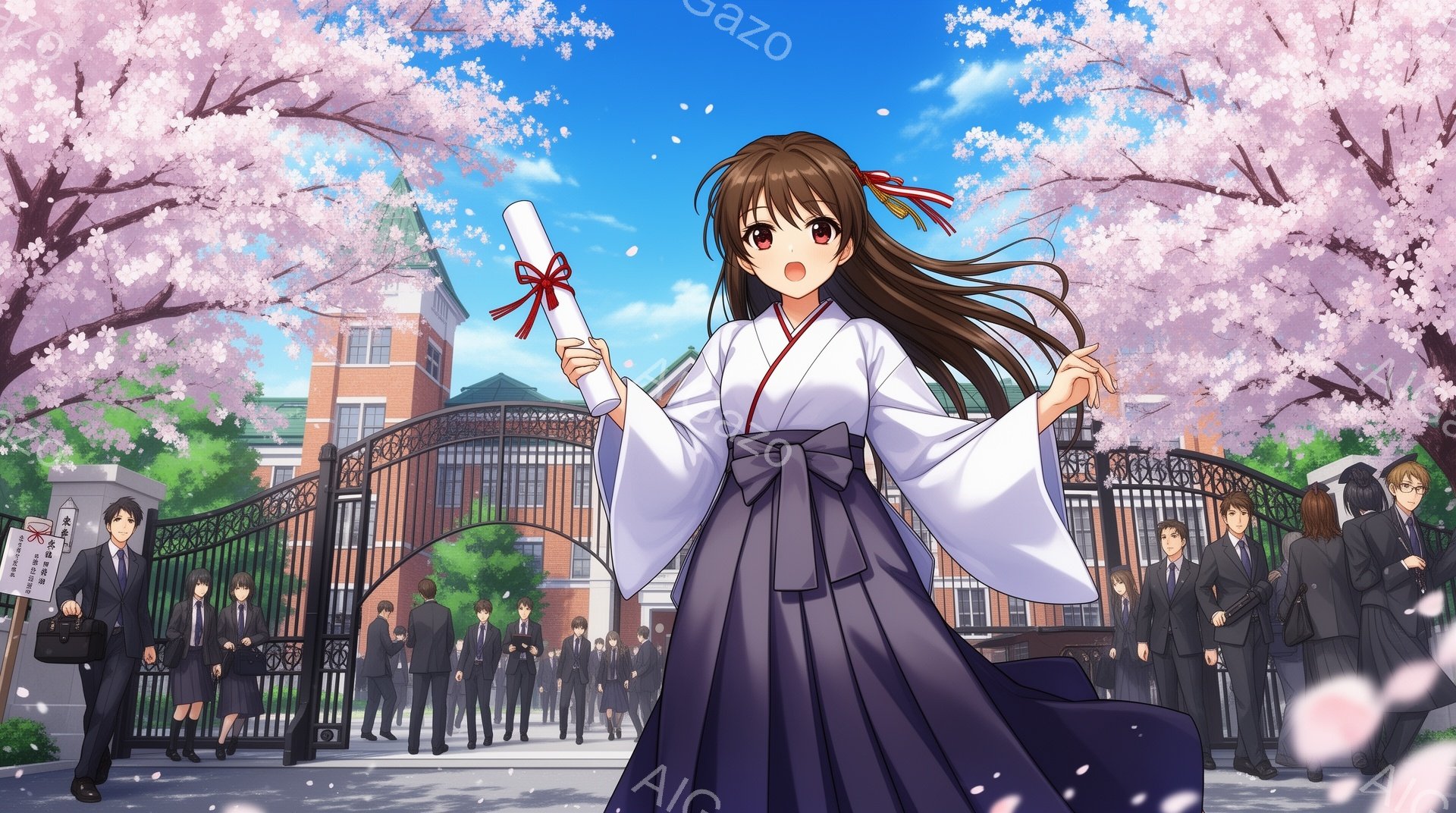 桜の花びらが舞う入学式を思わせる風景です。一人の女子学生が紺色の制服姿の学生たちを先導するように校門をくぐり、卒業証書を手に嬉しそうに微笑んでいます。背景にはレンガ造りの校舎が広がり、青空と桜が春の暖かな雰囲気を演出しています。
