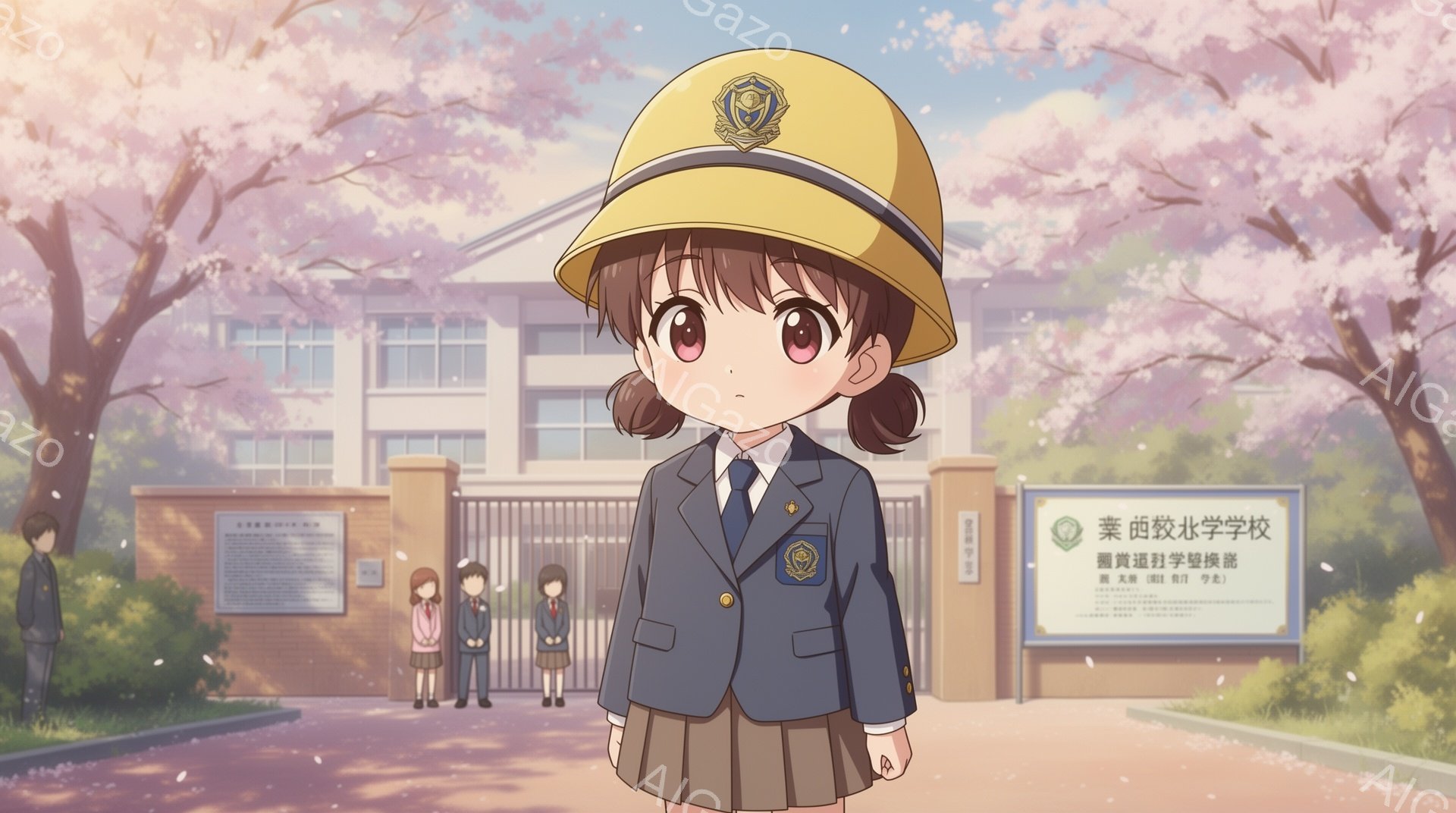 制服を着た少女が、校門の前で少し緊張した表情で立っている。少女は、茶色の髪をツインテールにし、黄色い帽子を被り、青いブレザーと水色のシャツ、そしてプリーツスカートを着用している。背景には、桜が咲き誇る校舎と他の生徒たちがおり、春の穏やかな天候が感じられる。