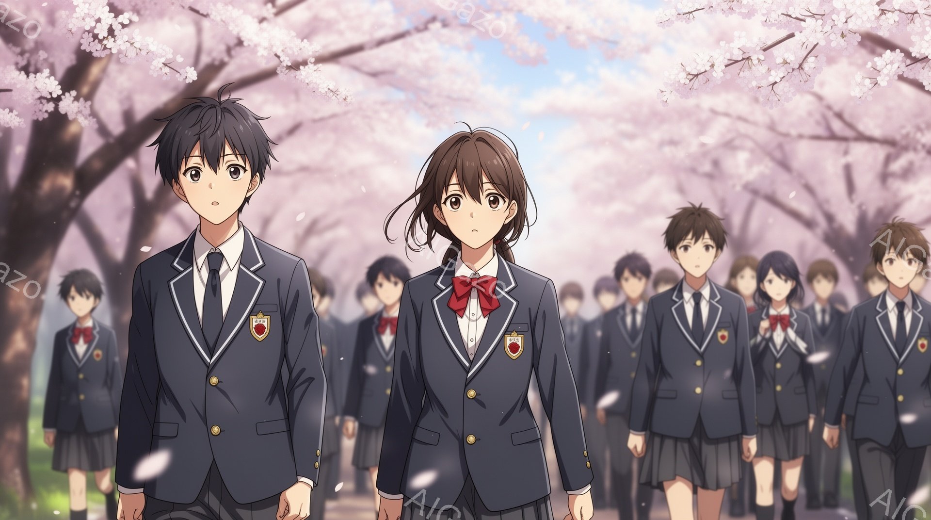制服を着た高校生たちが、桜並木の中を歩いている。男子生徒は黒髪で、整髪料で少し髪をとかし、やや緊張した表情をしている。女子生徒は長い茶髪で、少し不安げな表情を浮かべているが、凛とした雰囲気も感じられる。