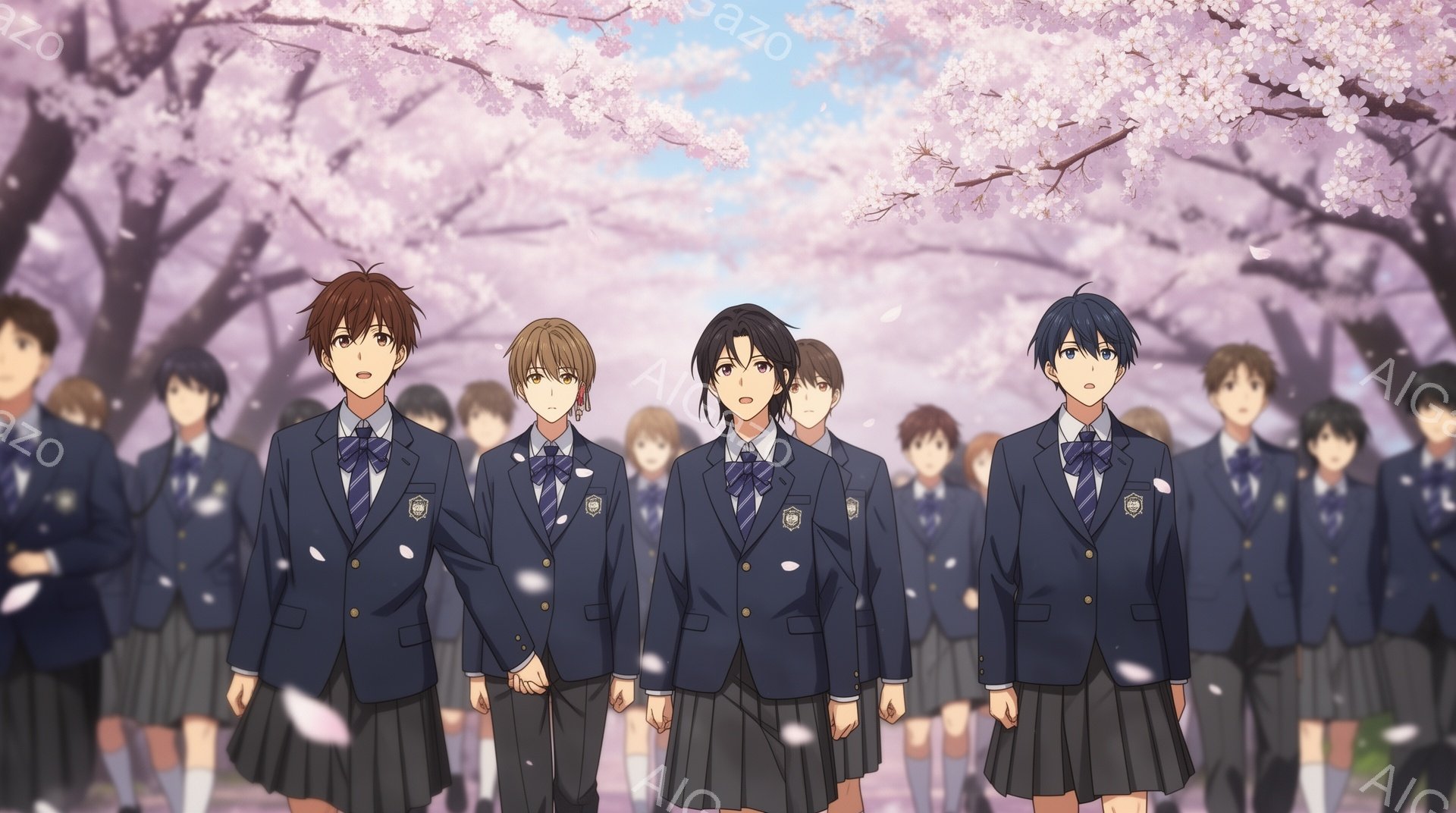 制服を着た学生たちが桜並木の下に整列している。紺色のブレザーにチェックのネクタイ、プリーツスカートを着用しており、皆同じ制服を着ている。桜の花びらが舞い散る中、少し緊張した表情で前を見据えている様子が、新学期や卒業式のような特別な日であることを示唆している。