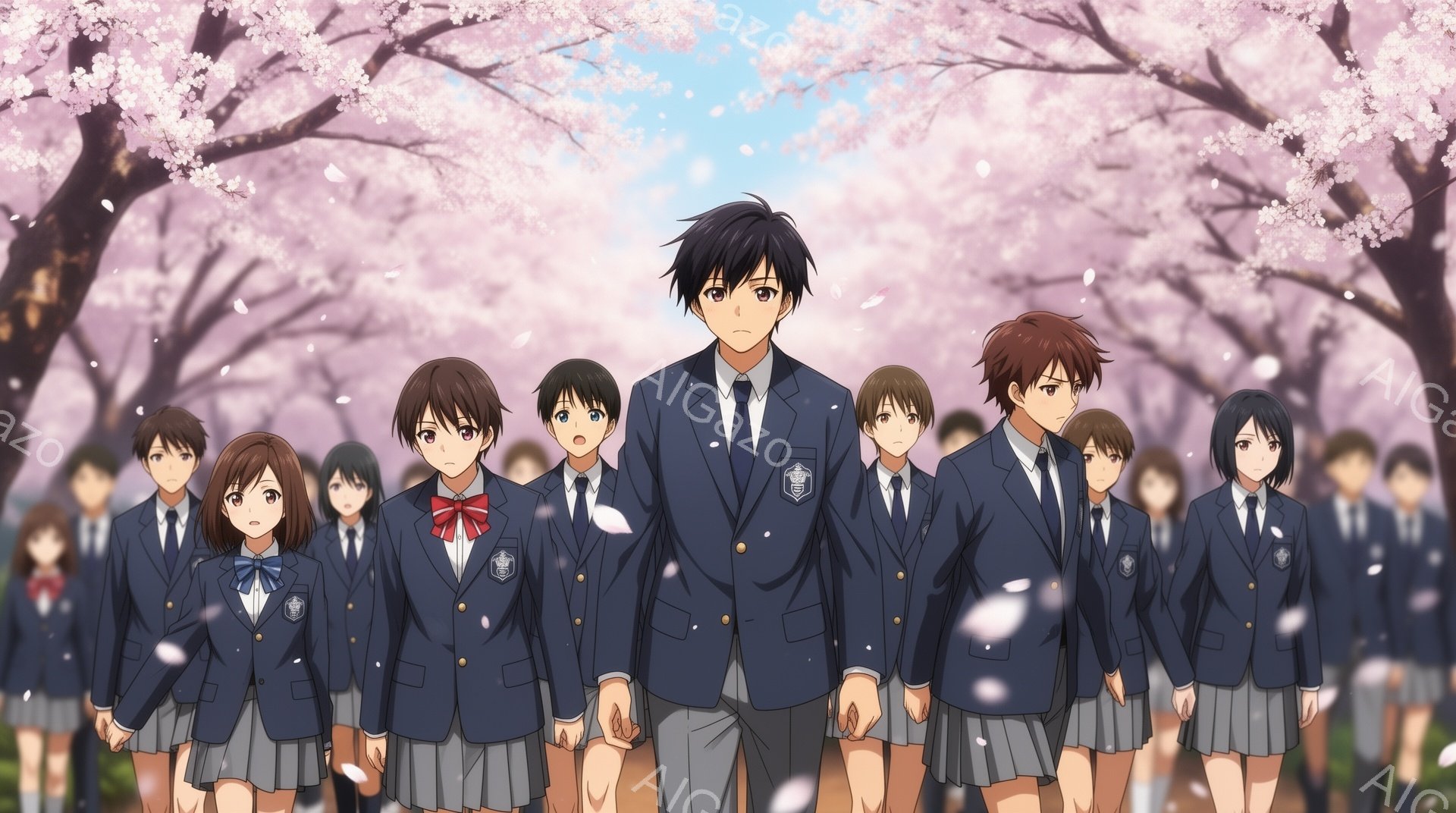 制服を着た高校生たちが桜並木の下を連なって歩いている。紺色のブレザーに白いシャツ、女子はリボンまたはネクタイ、男子はネクタイ、チェックのスカートまたはズボンを着用している。背景には、満開の桜並木が広がり、春の暖かく、少し物憂げな雰囲気が漂っている。