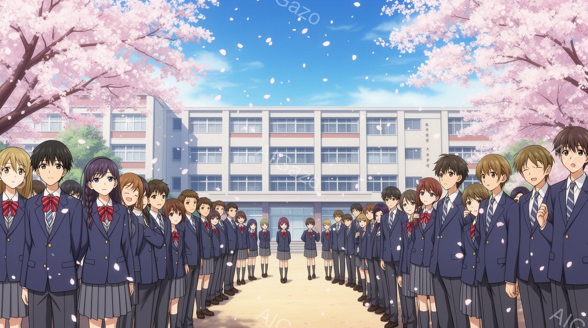 制服姿の生徒たちが整列し、学校の前に立っています。彼らは皆、濃い青色のブレザーにグレーのスカート（男子はズボン）を着用し、赤いネクタイを締めています。背景には、桜が満開の木々と白い校舎が見え、晴天の下、春の訪れを感じさせる穏やかな雰囲気です。