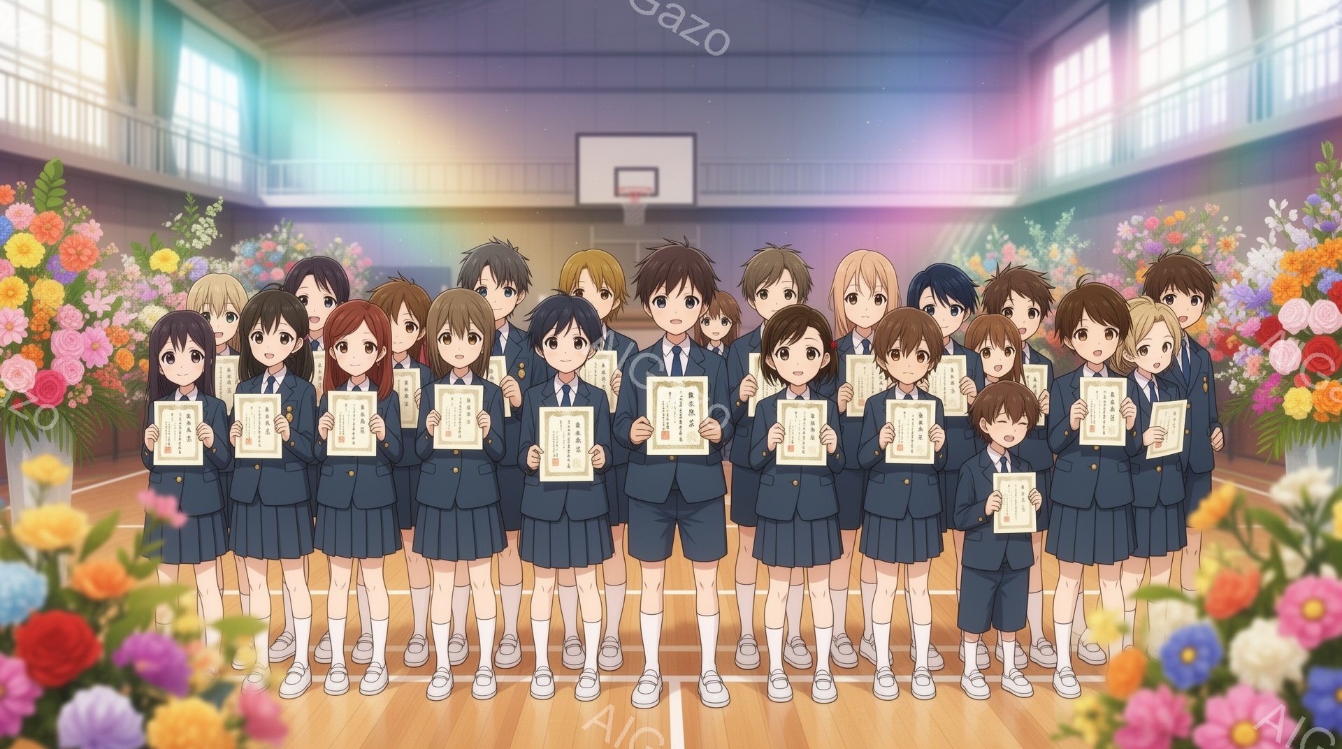 制服を着た中学生または高校生と思われる生徒たちが体育館に整列しています。彼らは皆、何らかの賞状や証明書を持っており、誇らしげで満面の笑みを浮かべています。背景には、色とりどりの花が飾られ、体育館の壁と - AI生成フリー素材
