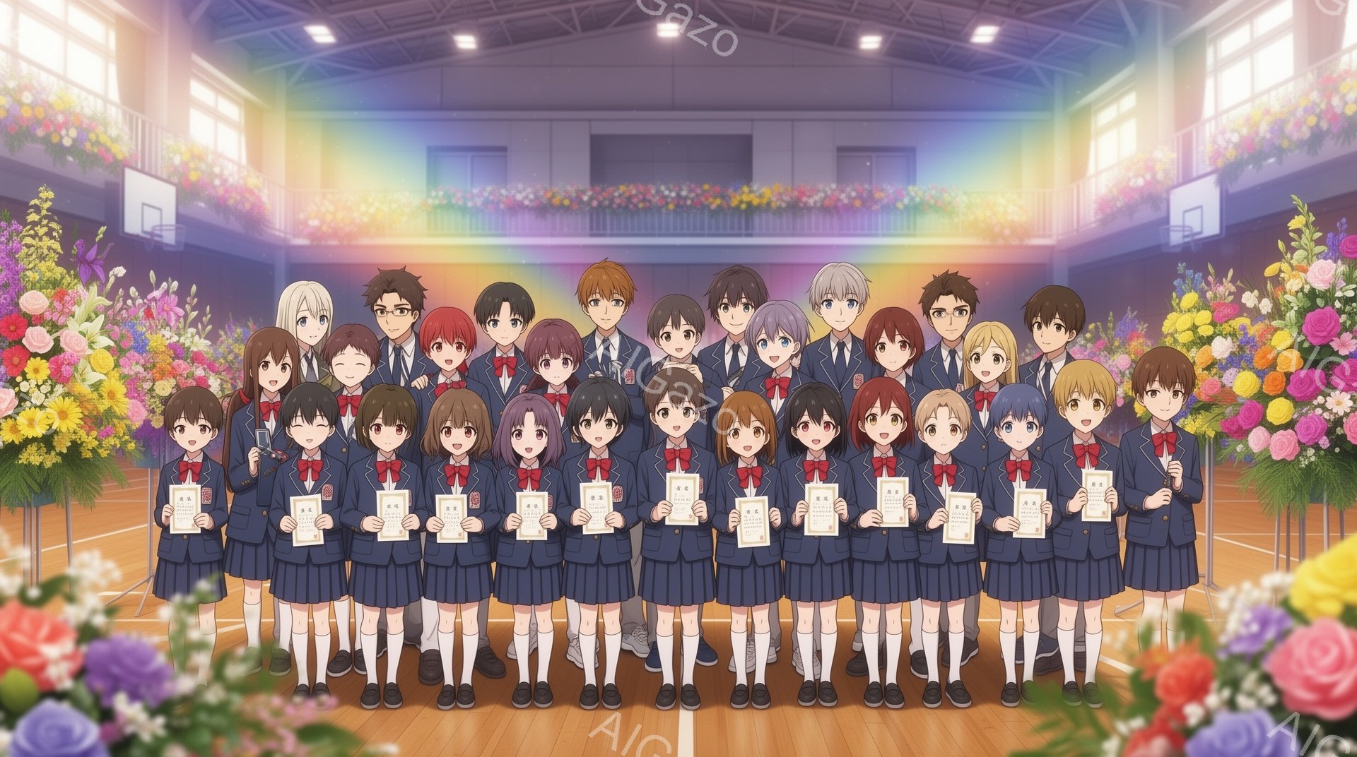 画像には、体育館に整列した多数の高校生が写っています。彼らは制服を着ており、女子生徒は膝丈のスカートと白い靴下、男子生徒はズボンを着用しています。全員が手に卒業証書を持ち、少し緊張した表情でカメラに向かって立っています。背景には、カラフルな花々で飾られたステージと観客席が見え、卒業式のような華やかな雰囲気が漂っています。