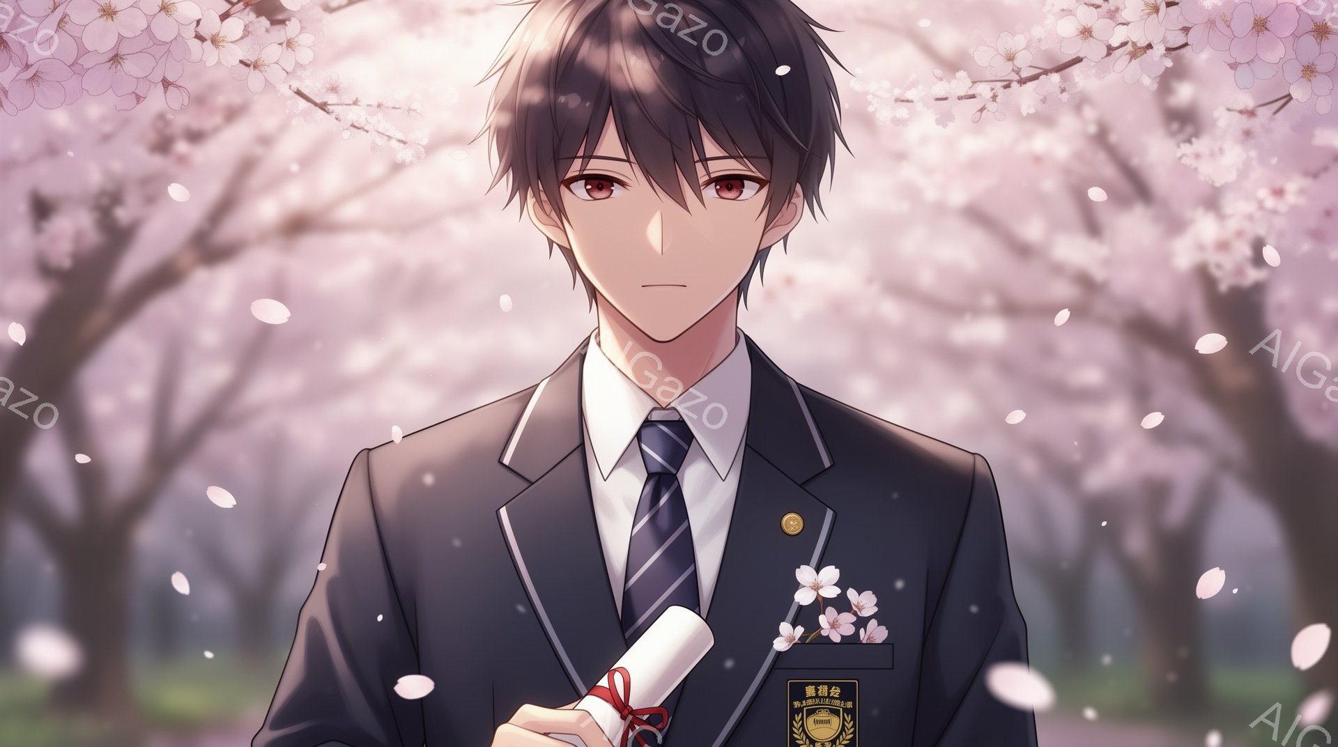 若者は紺色の制服に身を包み、白いシャツとネクタイを締めています。彼は卒業証書を持っており、少し微笑んだ表情で、少し自信に満ちた様子です。背景には桜の花びらが舞い散る桜の木があり、春の穏やかな雰囲気を醸し出しています。