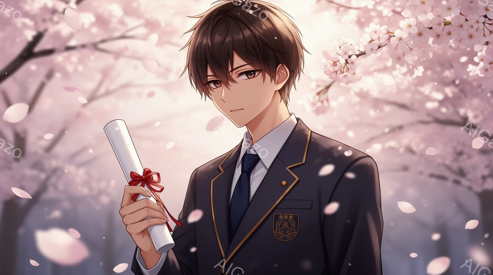 卒業式を迎えた少年が描かれています。彼は紺色の制服にネクタイを締め、胸には校章が光っています。背景には桜の花びらが舞い散る桜並木があり、晴れた空から柔らかな光が差し込んでいます。