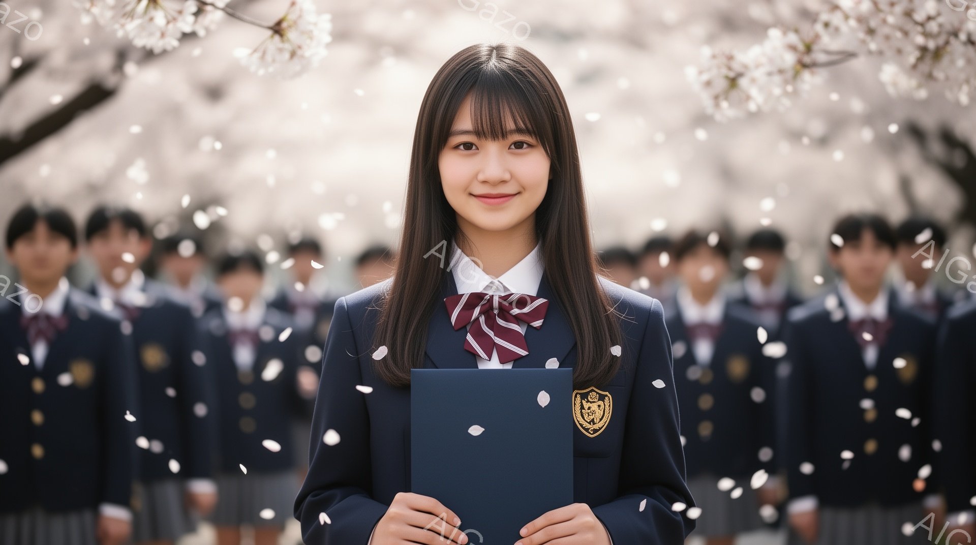 明るい笑顔の女子学生が、紺色のブレザーに赤いネクタイを締め、手に青い表紙の書類を持っています。背景には、桜の花びらが舞い散る中で、制服を着た男子学生たちがぼやけて並んでいます。春の暖かな日差しが差し込み、卒業や新たな始まりを祝福するような、希望に満ちた雰囲気が漂っています。