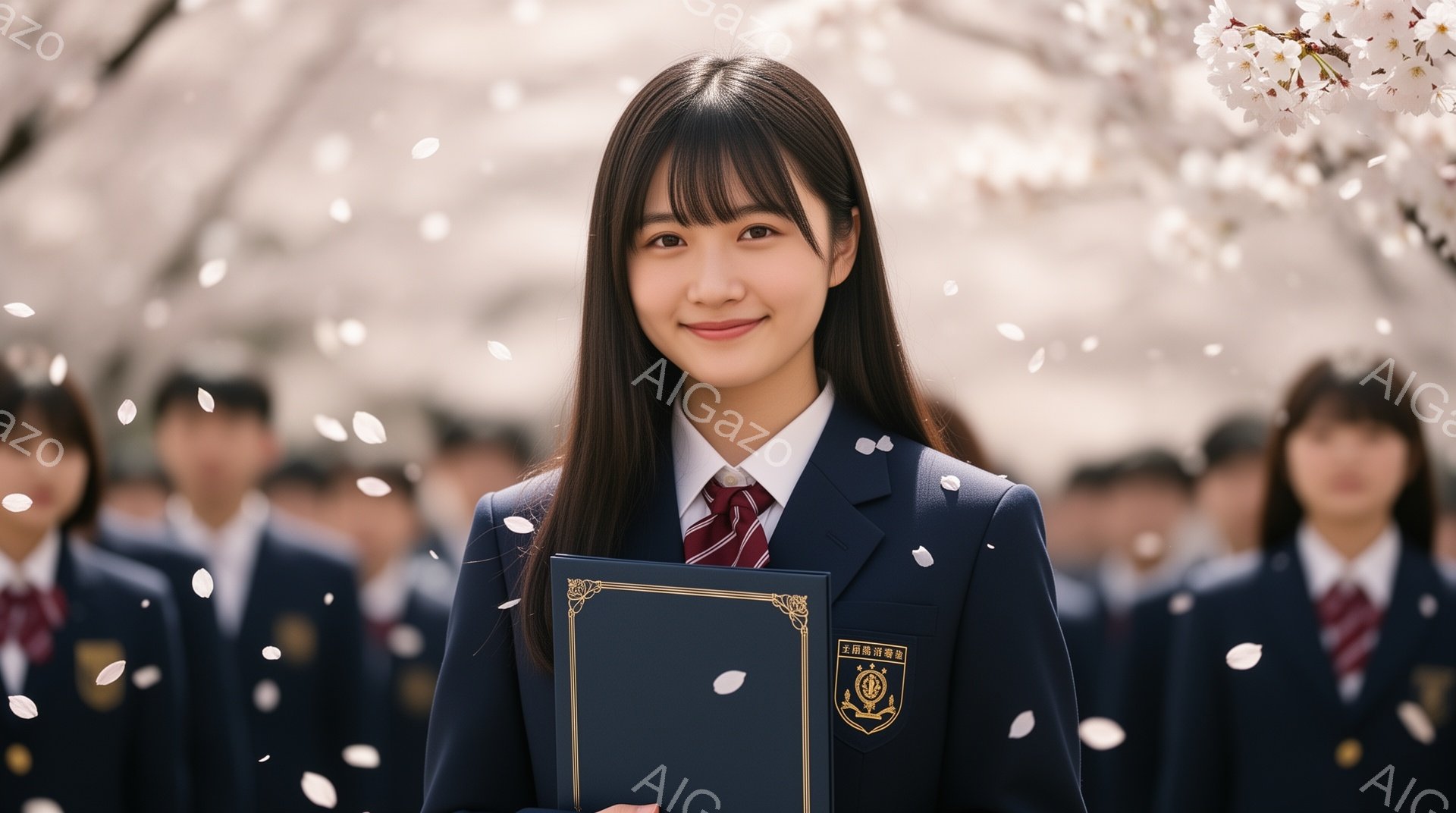 彼女は紺色のブレザーに赤いネクタイを着用し、笑顔でカメラを見つめています。ロングヘアは肩まで伸びており、前髪は目に少しかかっています。背景には桜の花びらが舞い、制服を着た他の生徒たちがぼやけて写っており、卒業式のような華やかで感動的な雰囲気が漂っています。