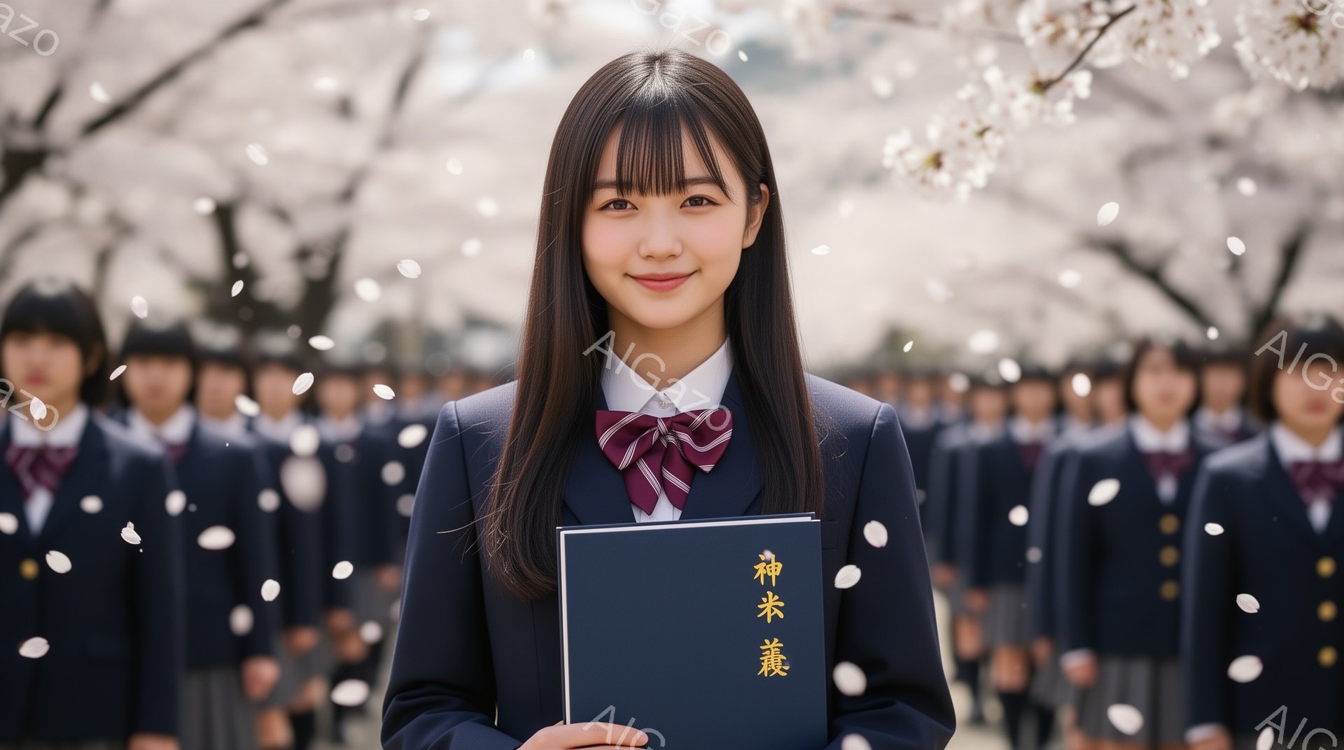 制服を着た若い女性が正面を向いて微笑んでいます。彼女は紺色のブレザー、白いシャツ、赤い縞模様のネクタイを着用し、黒髪を肩まで伸ばして整えています。背景には桜の花びらが舞い、他の制服姿の生徒たちがぼやけ - AI生成フリー素材