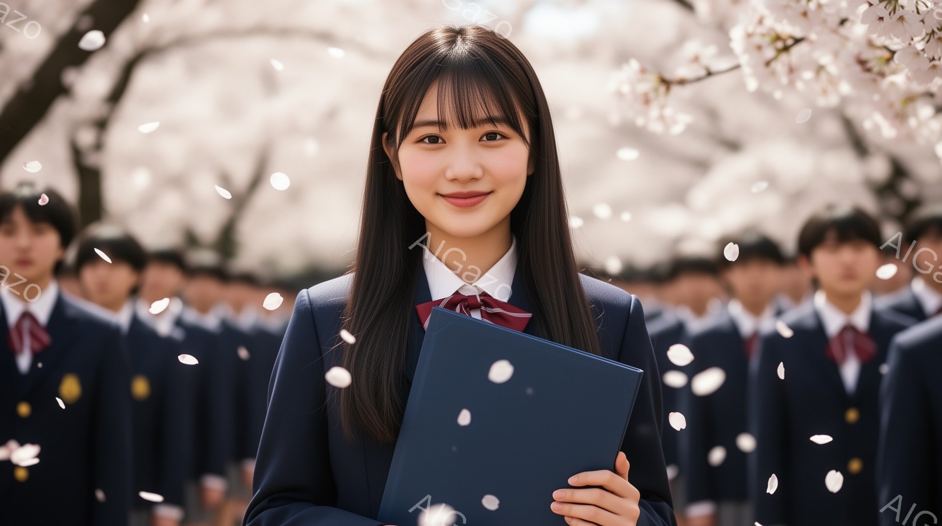 紺色のブレザーに赤いネクタイを締め、黒髪の長い髪を肩まで伸ばした女子高生が、青い表紙のファイルを持って正面を見ている。背景には桜の花びらが舞い、他の制服姿の生徒たちがぼんやりと見える。春の訪れを感じさせる、希望に満ちた雰囲気の写真である。