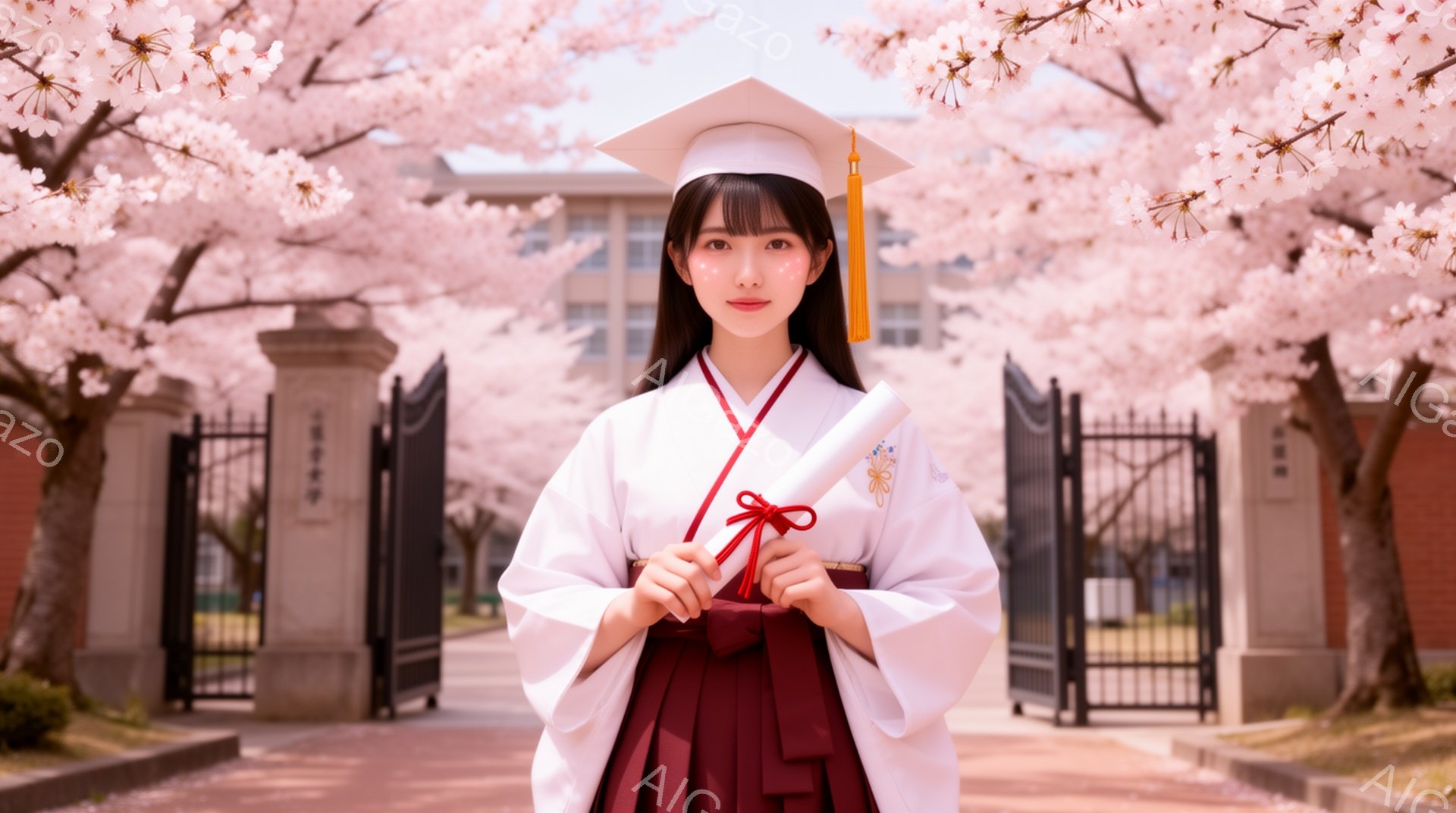 卒業式を迎えた女性が、白い着物と赤い帯、そして黒い帽子と金のタッセルを身に着けて立っています。彼女は卒業証書を手に持ち、微笑んでいます。背景には、桜並木と大学の建物が見え、春の暖かく華やかな雰囲気が漂っています。