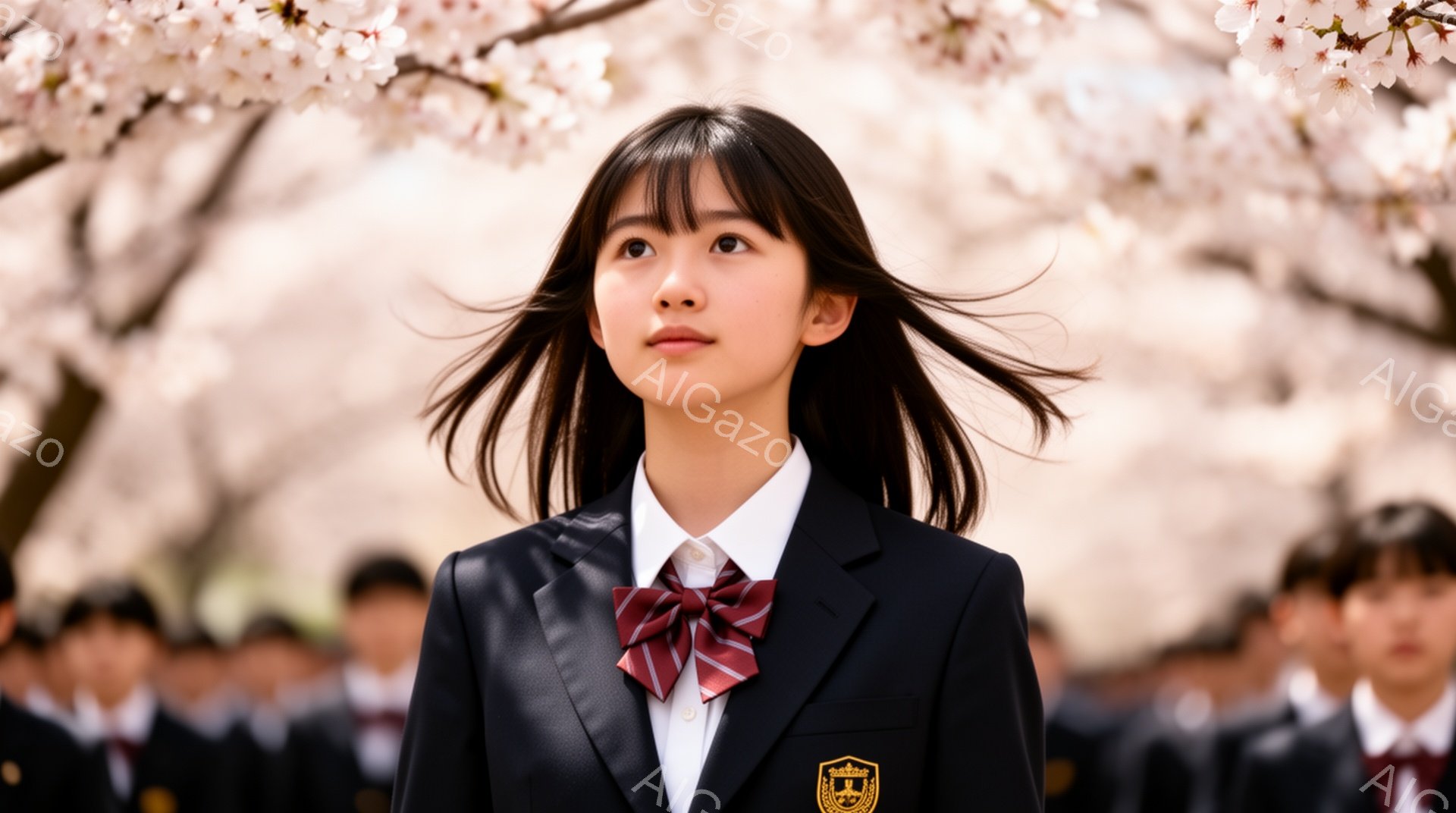 黒髪で前髪を少し短く切った女子学生が、紺色のブレザーとチェック柄のリボンタイを身につけ、少し上を見ている。背景には桜の花びらが舞い散る桜並木と、ブレザー姿の男子学生たちが並んでいる様子が見える。春らし - AI生成フリー素材