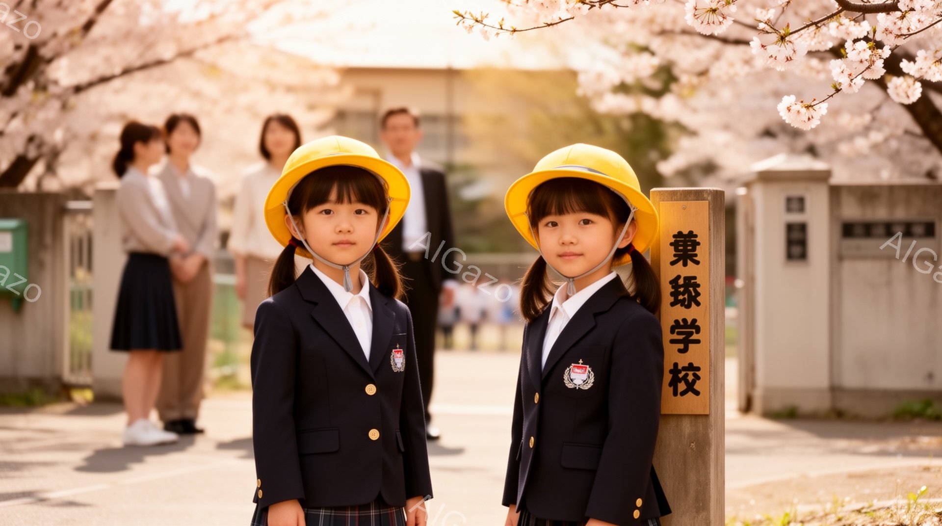 2人の幼い女の子が、紺色のブレザー、チェックのスカート、白いシャツを着て、黄色い帽子をかぶって立っています。彼女たちは真剣な表情でカメラを見つめており、姿勢はまっすぐです。背景には、桜の木々が咲き誇り、小学校の看板と、他の保護者らしき人物が見えます。