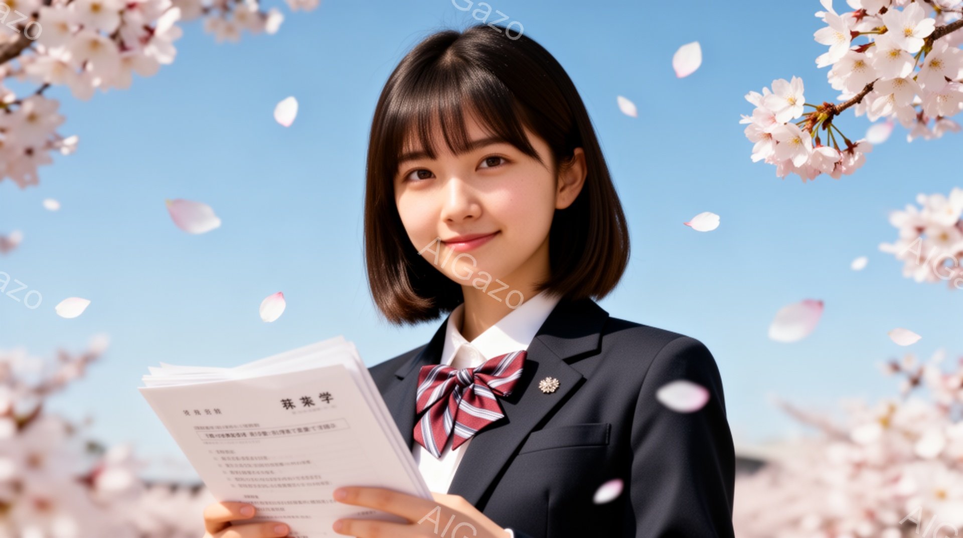 桜の花びらが舞う中、紺色のブレザーにチェックのネクタイを締めた女子学生が、卒業証書を手に微笑んでいる。彼女は黒髪のショートヘアで、穏やかな表情を浮かべ、自信に満ちた姿勢を見せている。背景には桜並木が広がり、晴天の下、春の暖かさと希望に満ちた雰囲気が漂っている。