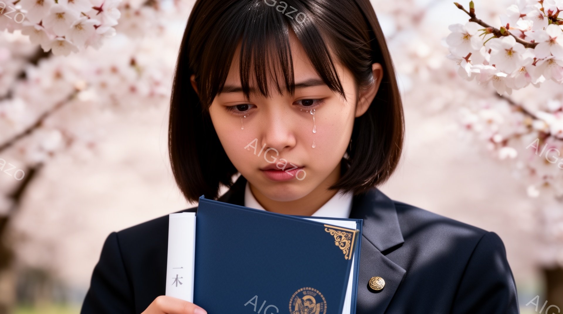 制服を着た若い女性が描かれており、彼女の表情は悲しみに満ちて涙を流している。彼女は紺色のジャケットと白いシャツを着ており、黒髪は前髪で覆われている。背景には桜の花が咲き乱れ、春の訪れを感じさせる柔らかな光が彼女を包んでいる。