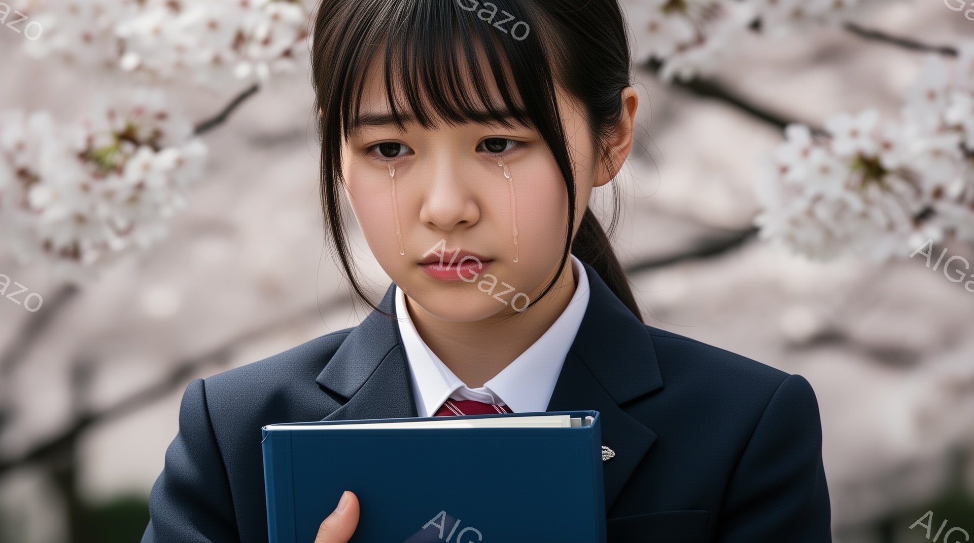 制服を着た若い女性が、桜の花が咲き乱れる背景を背景に立っている。彼女は青いブレザー、白いシャツ、赤いネクタイ、そして髪を後ろで結んだポニーテールにしている。彼女の顔には涙が流れ、悲しみや苦悩の感情を表している。