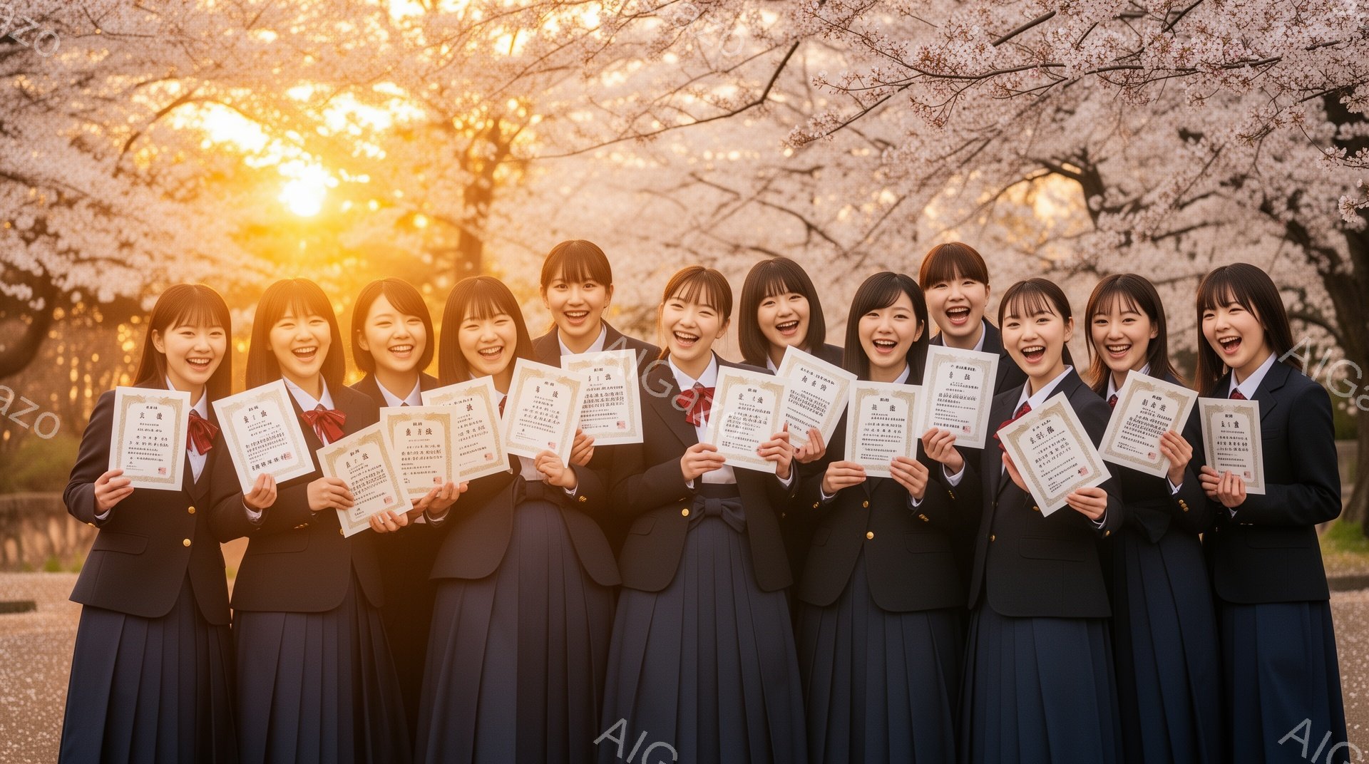 制服姿の女子学生たちが、桜並木の並木道で笑顔で整列している。紺色のブレザーとチェック柄のスカート、そして白いシャツとネクタイを着用し、それぞれ片手に卒業証書を持っている。背景には桜の花が咲き乱れ、暖か - AI生成フリー素材