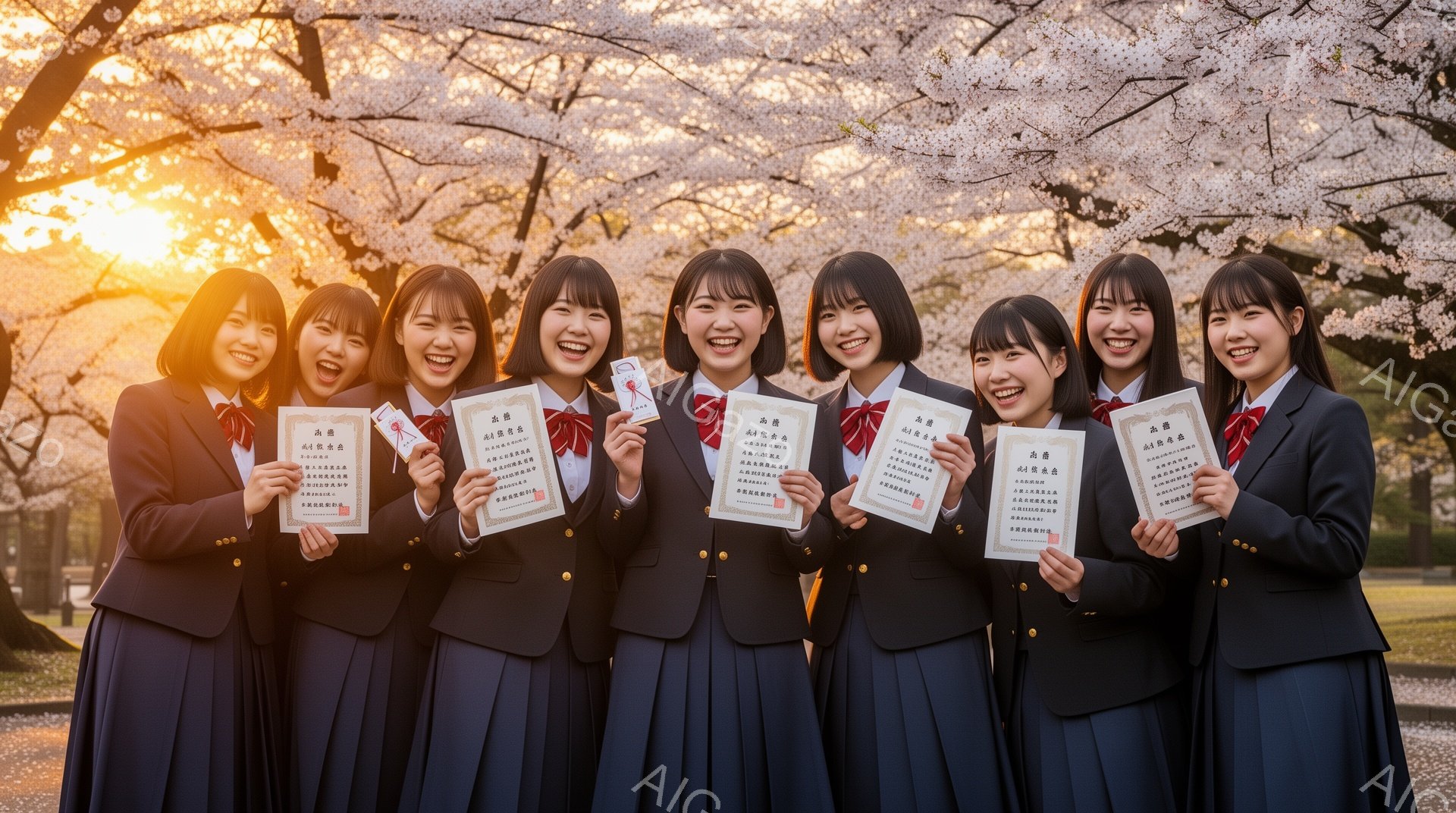 制服を着た女子学生が7人、笑顔でカメラに向かって立っている。彼女たちは皆、紺色のブレザーに赤いネクタイ、チェック柄のスカートを着用し、明るい茶色の髪を肩まで伸ばしている。背景には桜並木が広がり、暖かく柔らかい光が降り注ぎ、春の到来を感じさせる。