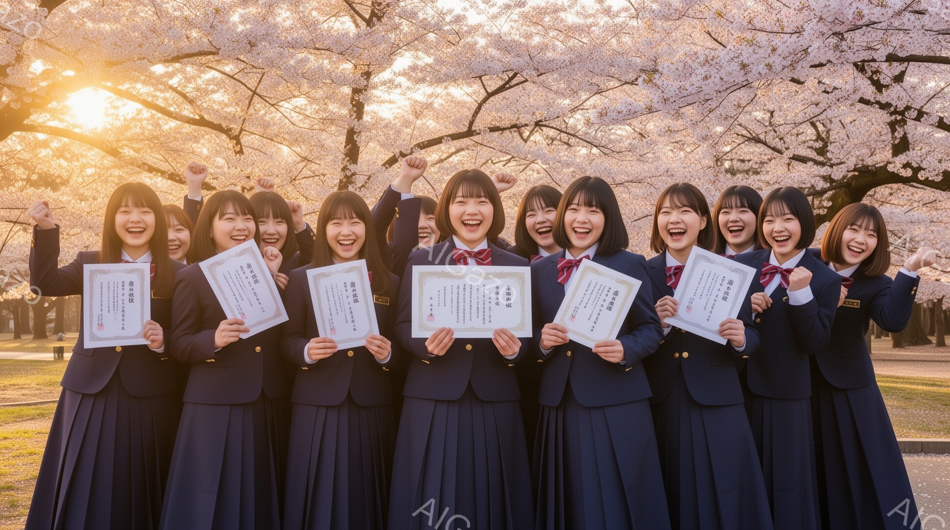 制服を着た女子高生たちが、桜並木の下で笑顔で肩を組んで立っています。彼女たちは皆、手に卒業証書を持っており、満面の笑みを浮かべています。背景には桜が咲き誇り、春の暖かく明るい雰囲気が伝わってきます。 - AI生成フリー素材