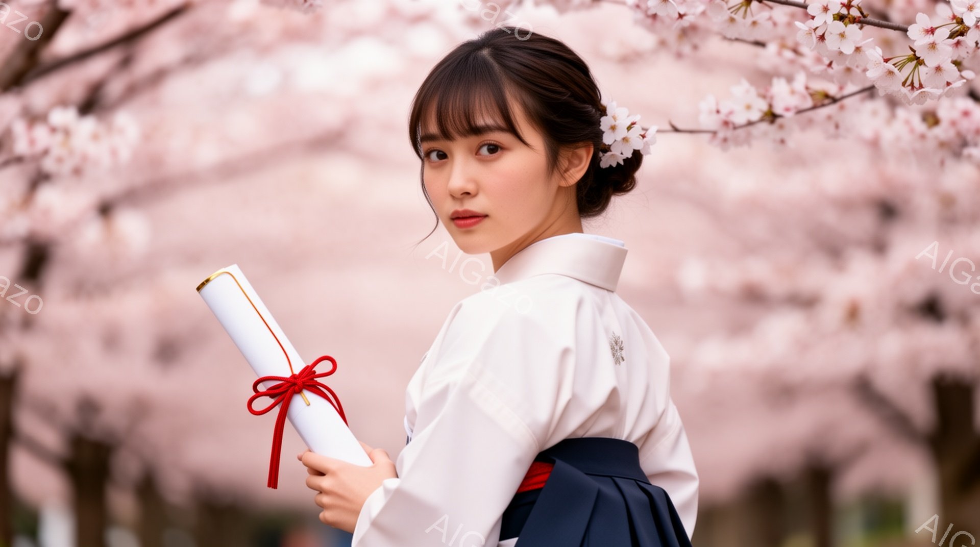 紺色のスカートと白いブラウスを着た若い女性が、ピンク色の桜並木を背景に立っています。彼女は卒業証書のような巻物を赤色の紐で結んで抱え、少し微笑んでカメラを見ています。桜の花びらが舞い散る春の晴れた日で - AI生成フリー素材