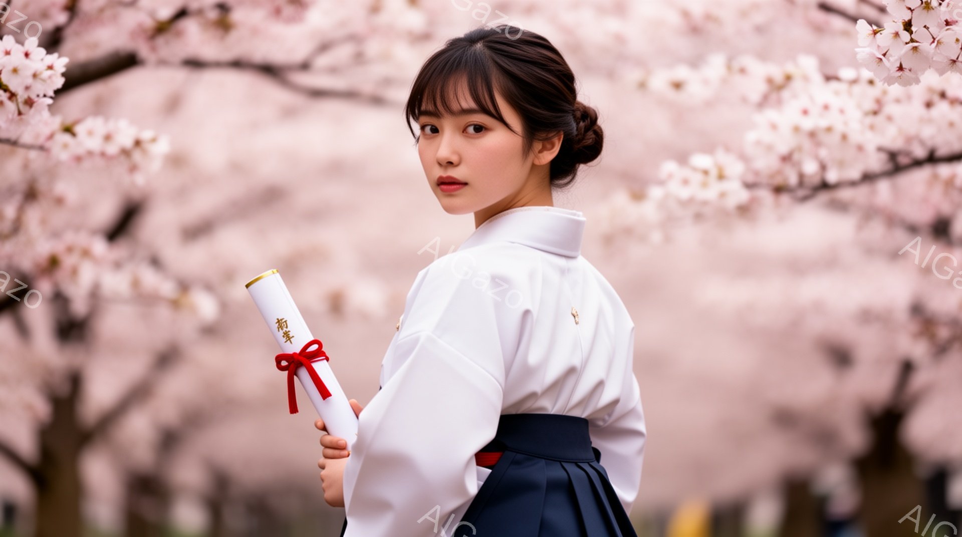 卒業式を迎えた女性が、桜並木の下で振り返っている姿が描かれています。白いブラウスに紺色のスカート、袴姿で、髪は後ろでまとめられ、少し微笑んだ表情をしています。背景には満開の桜が広がり、春の暖かさと希望 - AI生成フリー素材