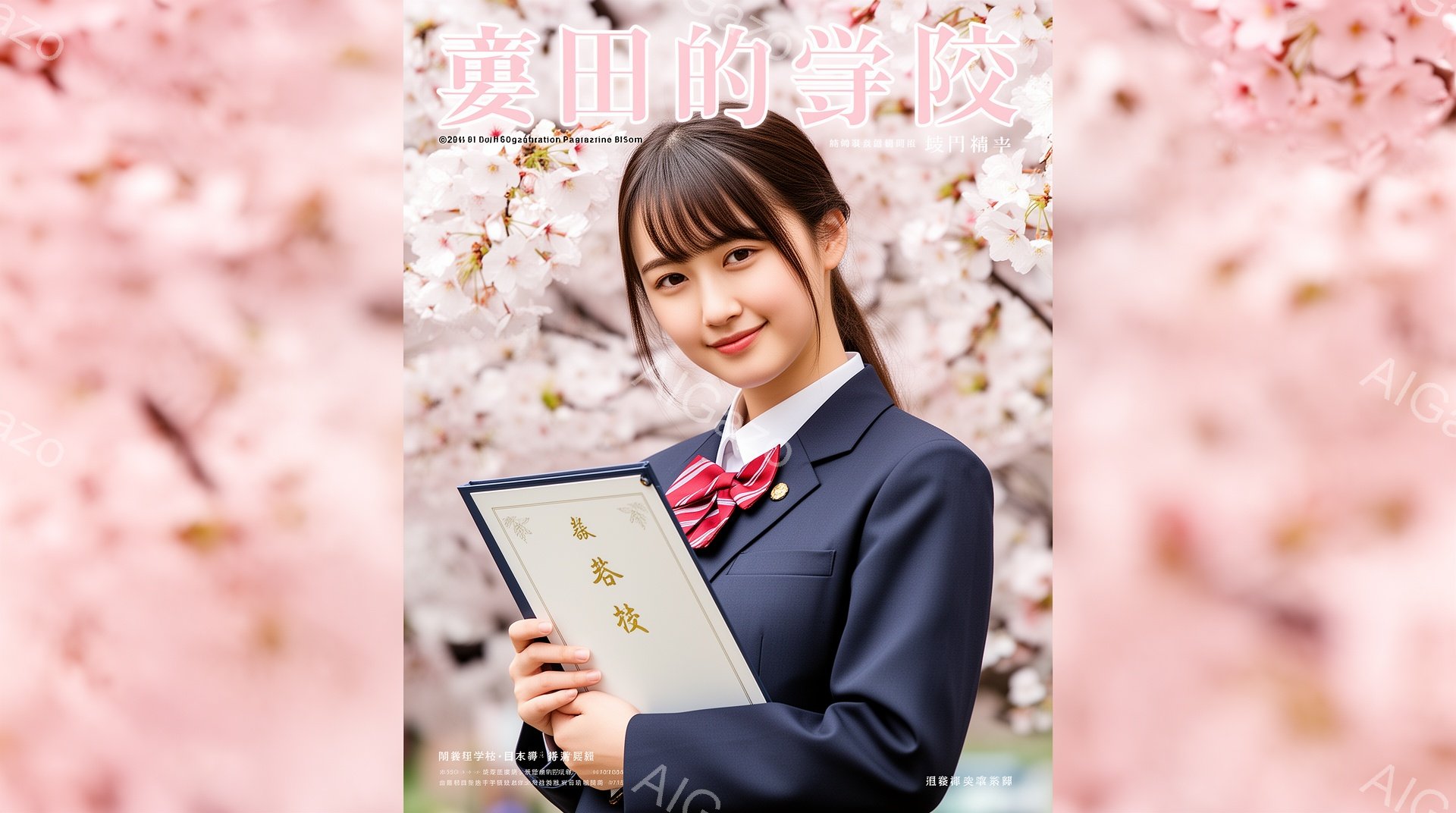 制服を着た若い女性が、桜の花びらが舞う中で卒業証書を手に微笑んでいます。紺色のブレザーに赤いネクタイ、白いシャツというスタイルで、髪は肩までの長さで、軽くウェーブがかかっています。背景には桜並木が広が - AI生成フリー素材