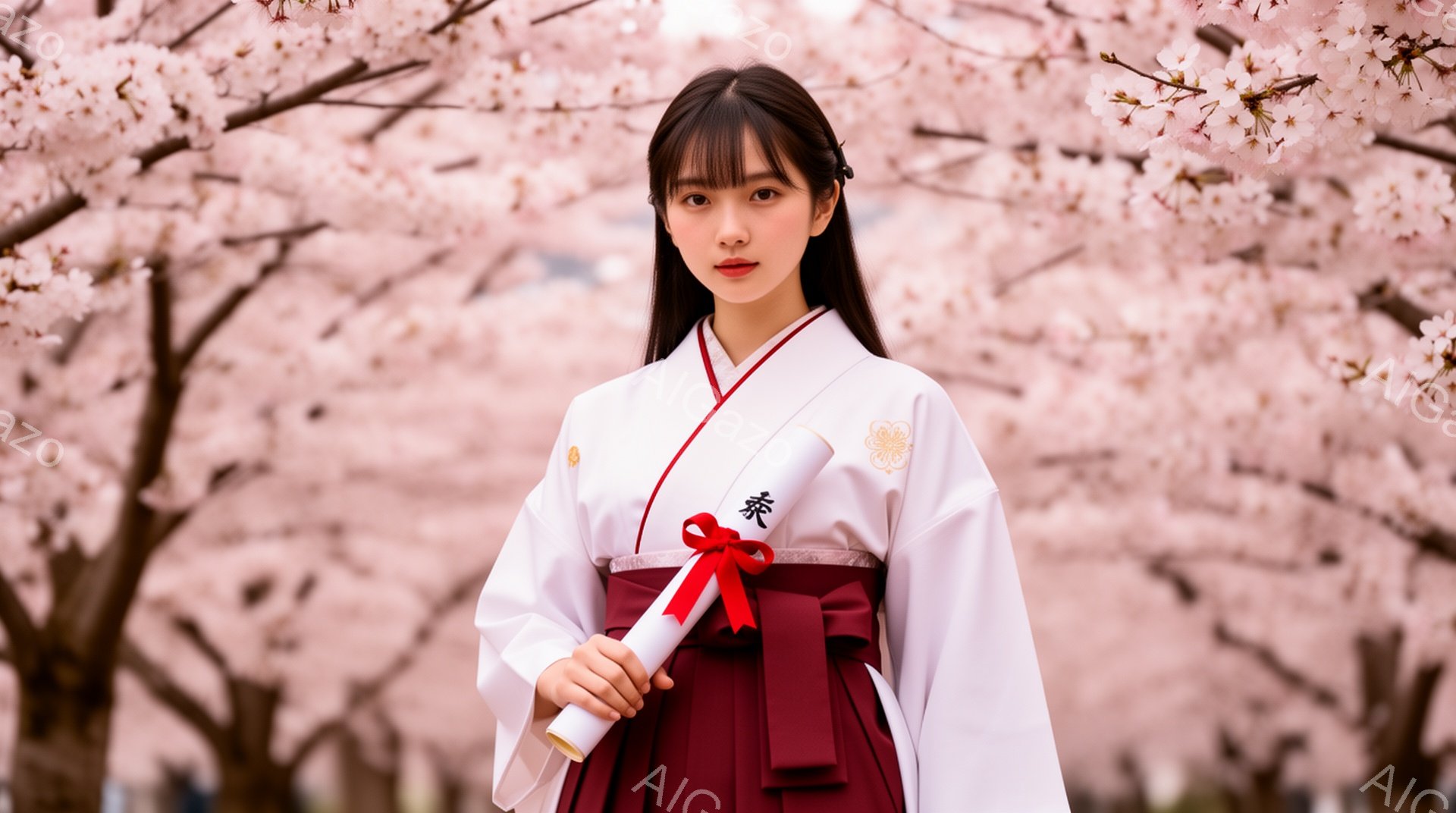 晴れ着を着た若い女性が、桜並木の前に立っている。彼女は白い着物と濃い赤色の帯を身につけ、髪をきれいに整え、少し微笑んでいる。背景には、満開の桜が咲き誇り、春の暖かく美しい雰囲気を醸し出している。