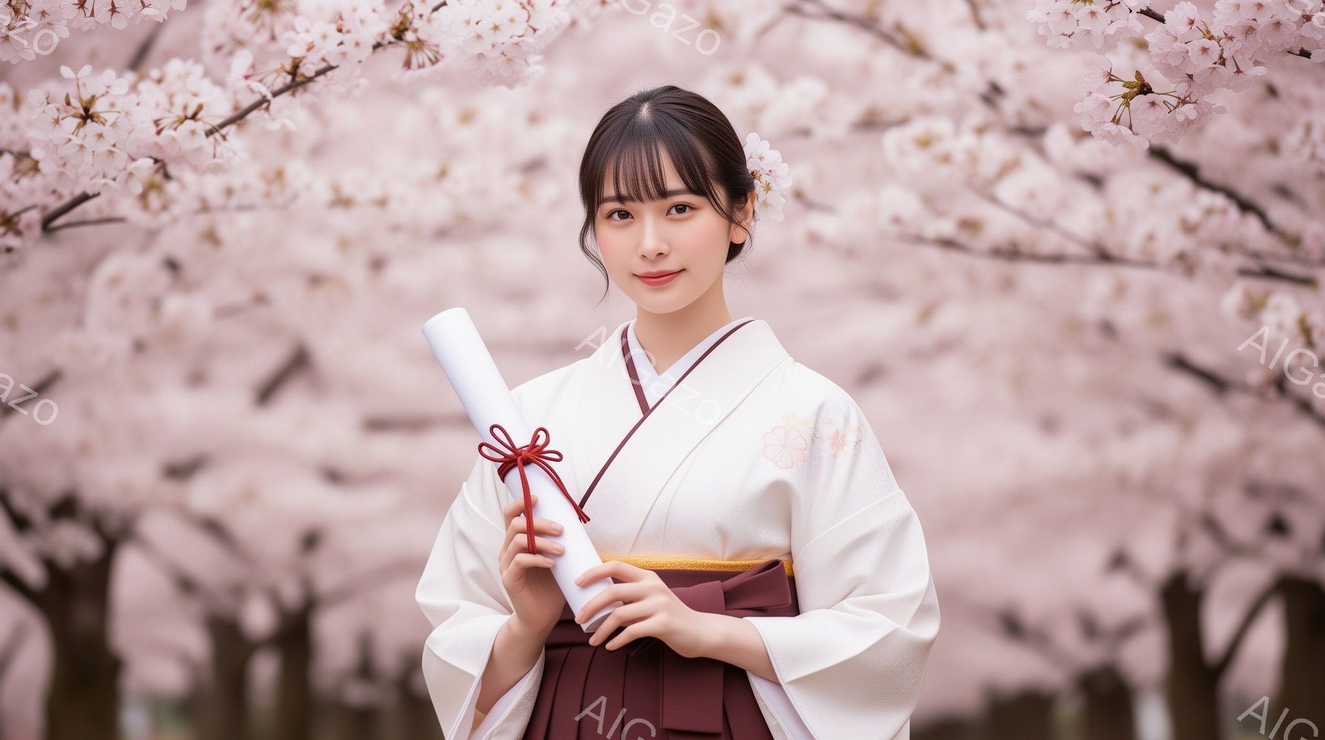 卒業式を迎えた女性が、桜並木の前に立っている。オフホワイトの袴に、濃い赤色の帯を合わせ、黒髪をハーフアップにして、穏やかな微笑みを浮かべている。背景には、満開の桜がぼんやりと広がり、春の暖かさと希望に満ちた雰囲気が漂っている。