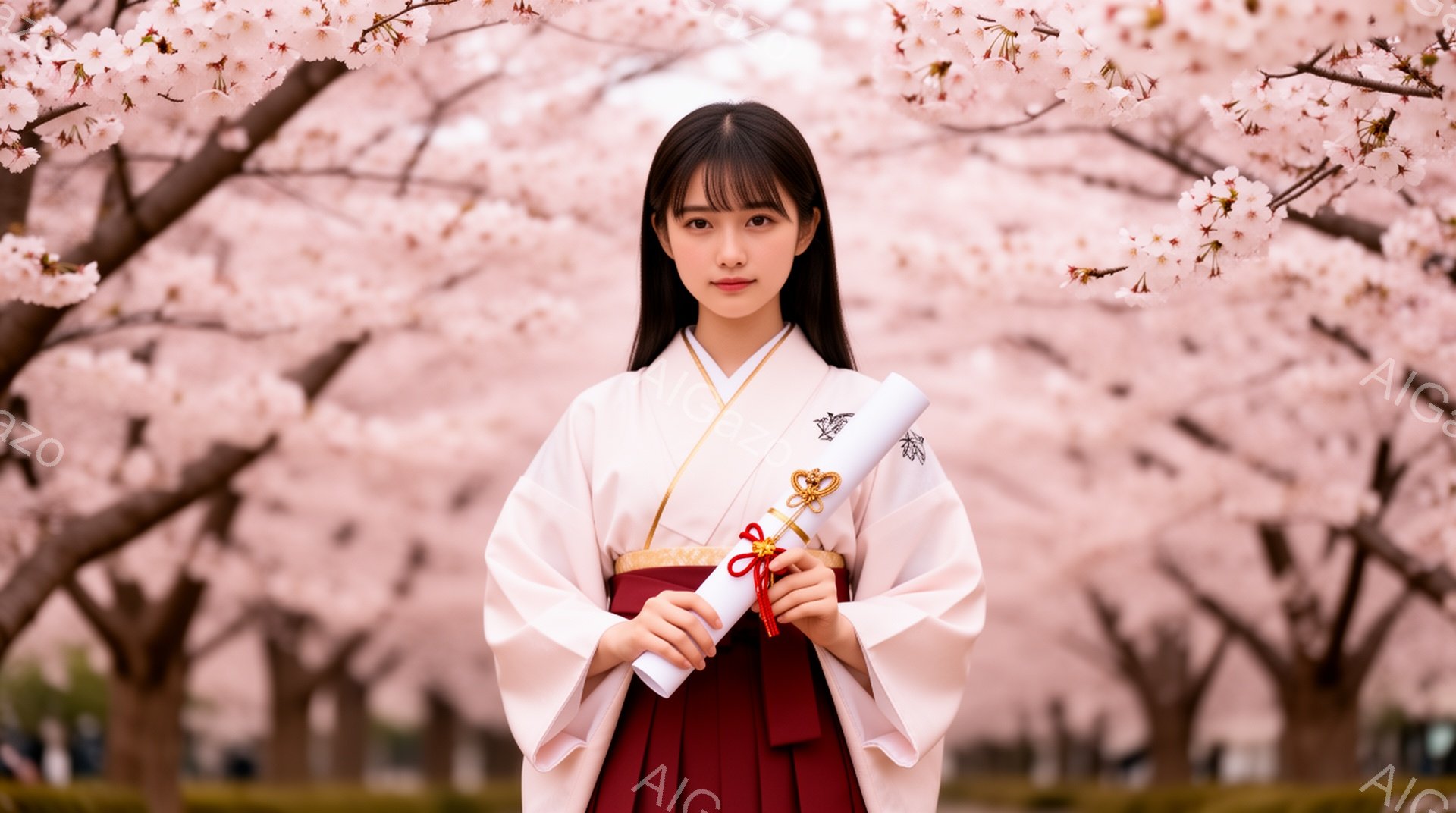 卒業式を迎えた女性が、クリーム色の着物とワインレッドの袴を身につけて立っている。彼女は黒髪で前髪を少しカールさせ、微笑みを浮かべながら卒業証書を両手で持っている。背景には、満開の桜並木が広がり、春の暖 - AI生成フリー素材