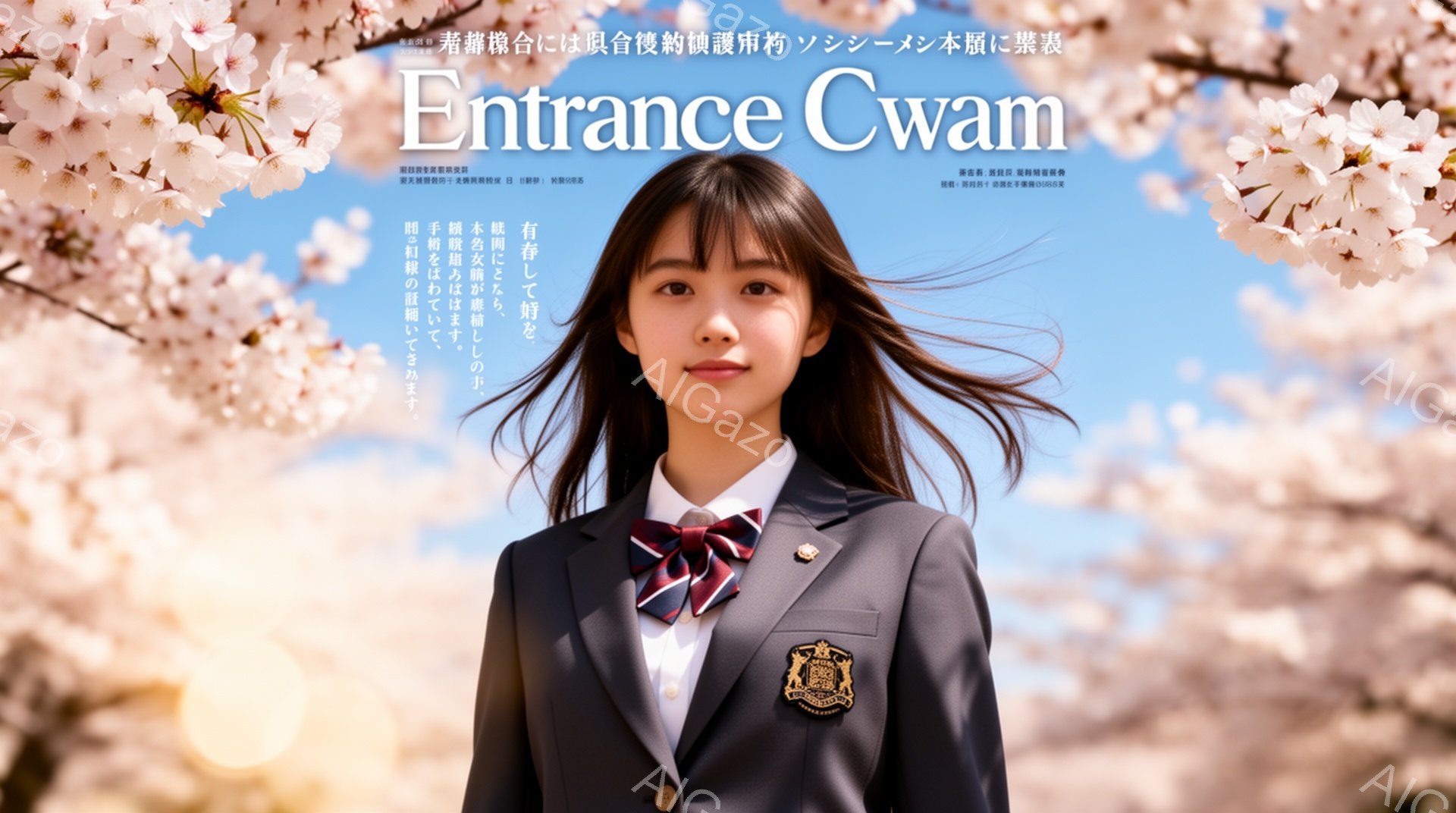 桜の花びらが舞う中、制服を着た若い女性が正面を向いて立っている。紺色のブレザーに白いシャツ、赤いネクタイを着用し、黒髪を肩まで伸ばしている。彼女は微笑んでおり、希望に満ちた表情と、春の訪れを祝福するよ - AI生成フリー素材