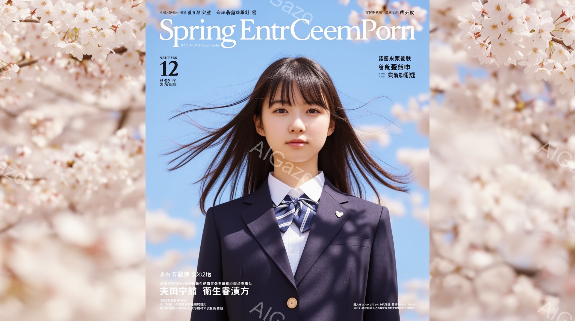 制服を着た女子高生が、桜並木の道を歩いている。紺色のブレザーにチェックのスカート、ネクタイを結び、少し微笑んだ表情でカメラを見ている。背景にはぼやけた桜並木と建物が見え、春の暖かく穏やかな雰囲気が漂っ - AI生成フリー素材