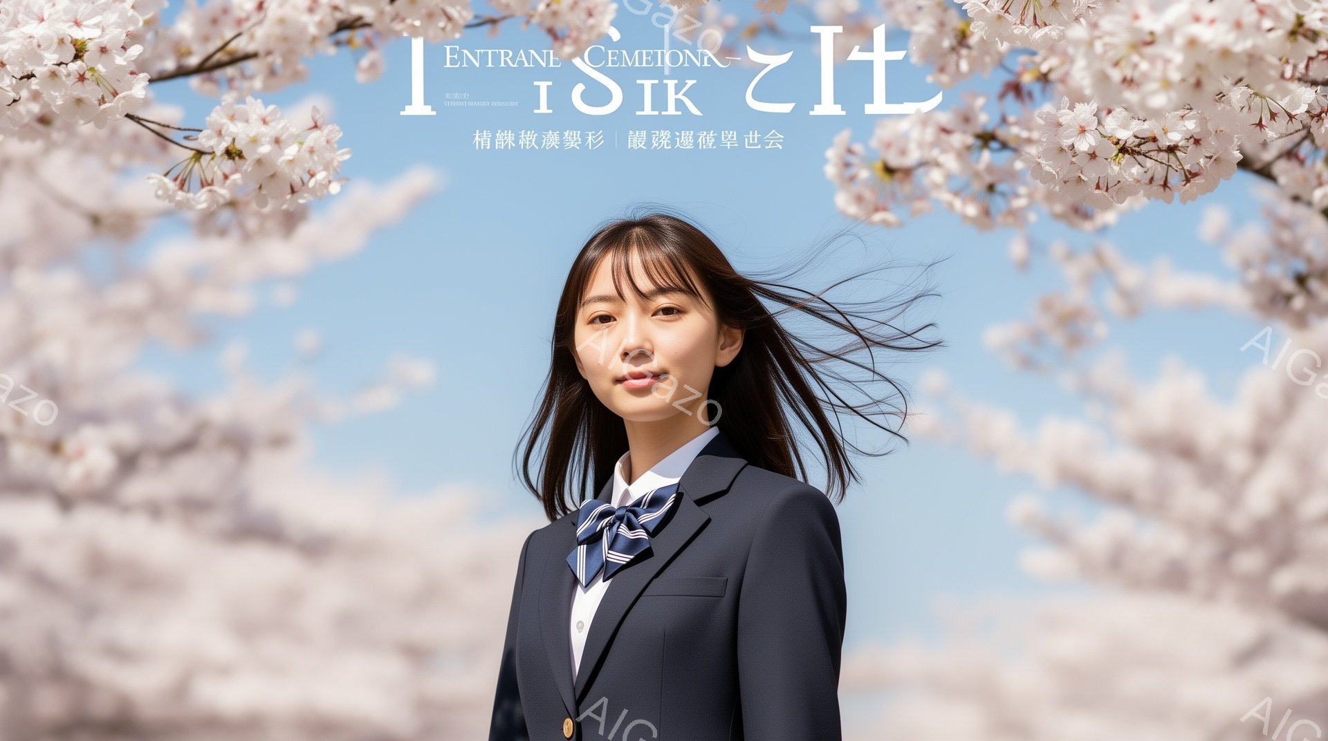 桜並木の間に立つ女子高生が写っている。紺色のブレザーにネクタイ、白いシャツを着ており、髪は肩までの長さで、風になびいている。彼女は微笑みを浮かべ、少し上目遣いで、希望に満ちた表情をしている。 - AI生成フリー素材