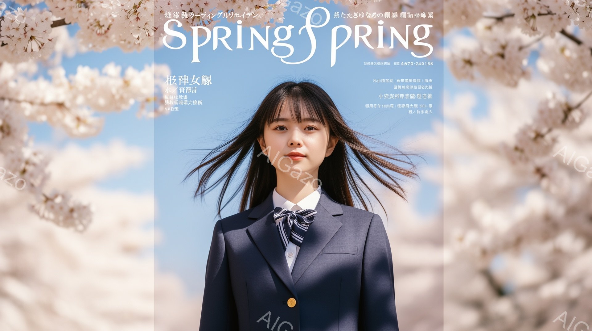 制服を着た若い女性が、桜の花びらが舞う中で微笑んでいます。彼女は濃い色のブレザー、白いシャツ、ネクタイを着用しており、整った髪型で、少し下を向いて穏やかな表情を浮かべています。背景にはぼやけた校舎と、 - AI生成フリー素材