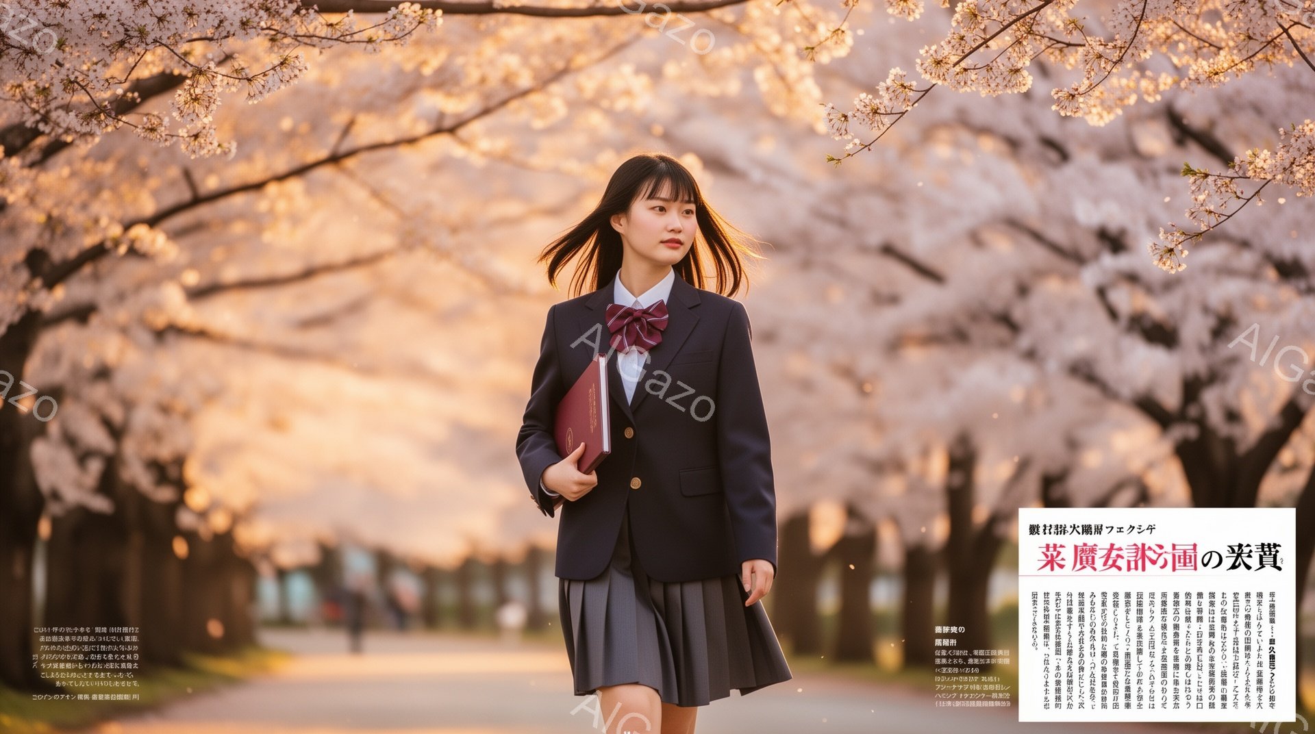 画像は、桜並木の道を歩く女子高生を描写している。彼女は制服姿で、茶色の髪を肩まで伸ばし、少し微笑んだ表情をしている。背景には、満開の桜が咲き誇り、春の暖かく穏やかな雰囲気を醸し出している。 - AI生成フリー素材