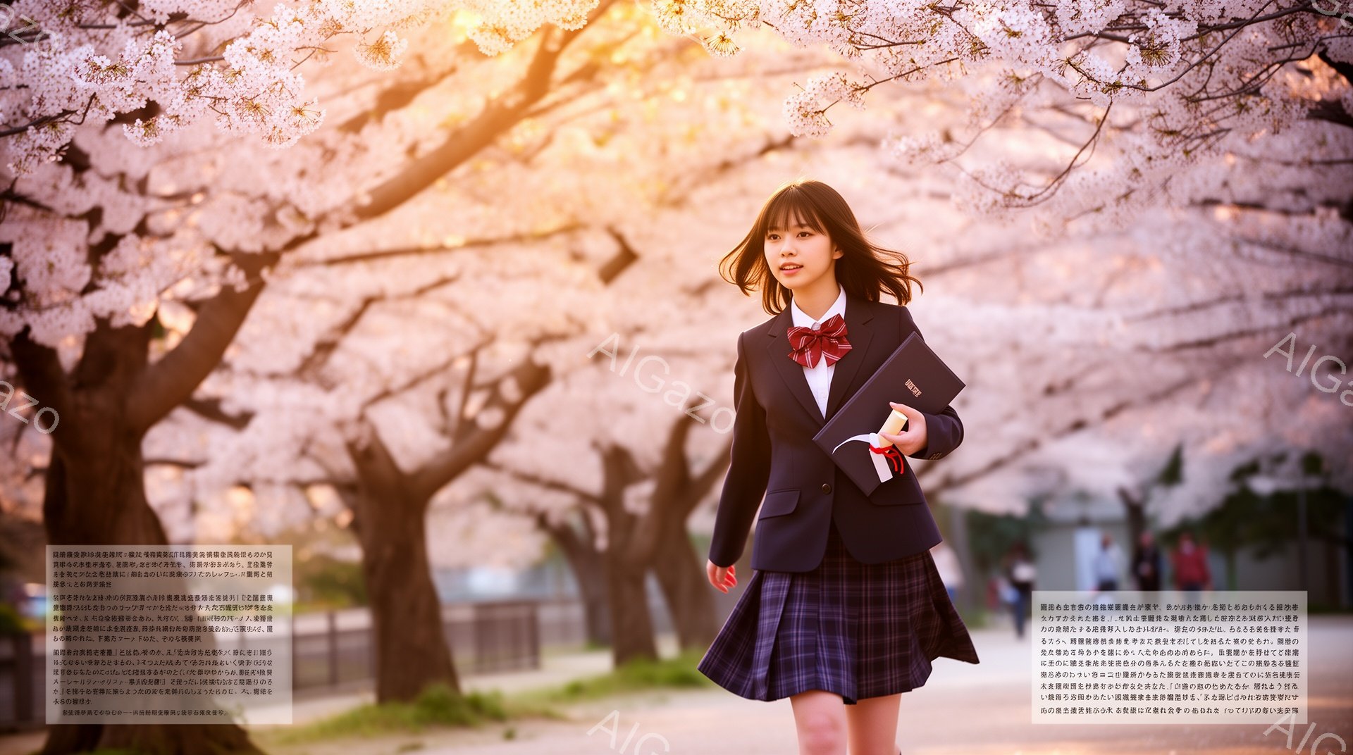 制服を着た女子高生が、校舎の前で少し上目遣いをして立っている。紺色のブレザーにチェックのスカート、赤いリボンが印象的で、髪は肩までの長さの茶髪で、少しカールがかかっている。背景にはレンガ造りの校舎と緑豊かな木々が見え、晴天の下、明るく爽やかな雰囲気である。