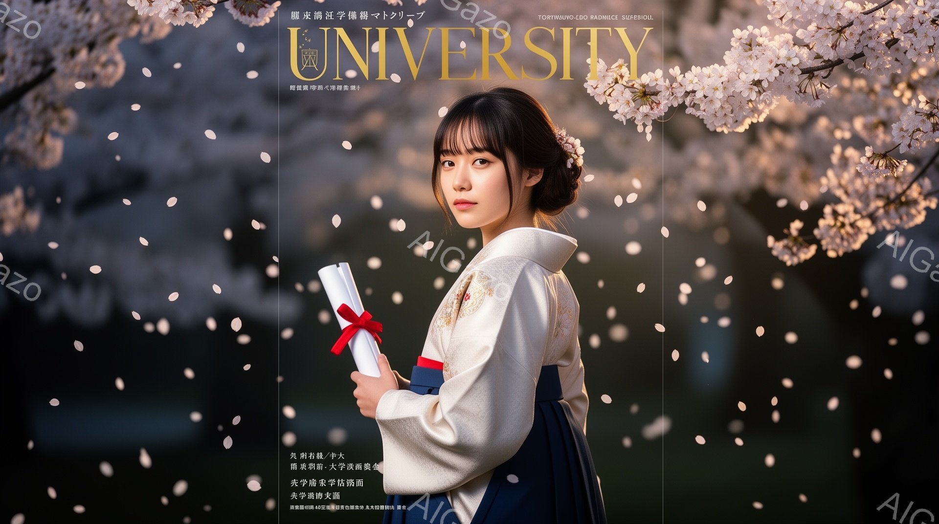 卒業式を迎えた女性が写っている。彼女は紺色の着物と赤い帯を身に着け、髪をハーフアップにして、笑顔で卒業証書を持っている。背景には、桜の花びらが舞い散る大学の建物があり、春の暖かく祝福的な雰囲気が漂っている。