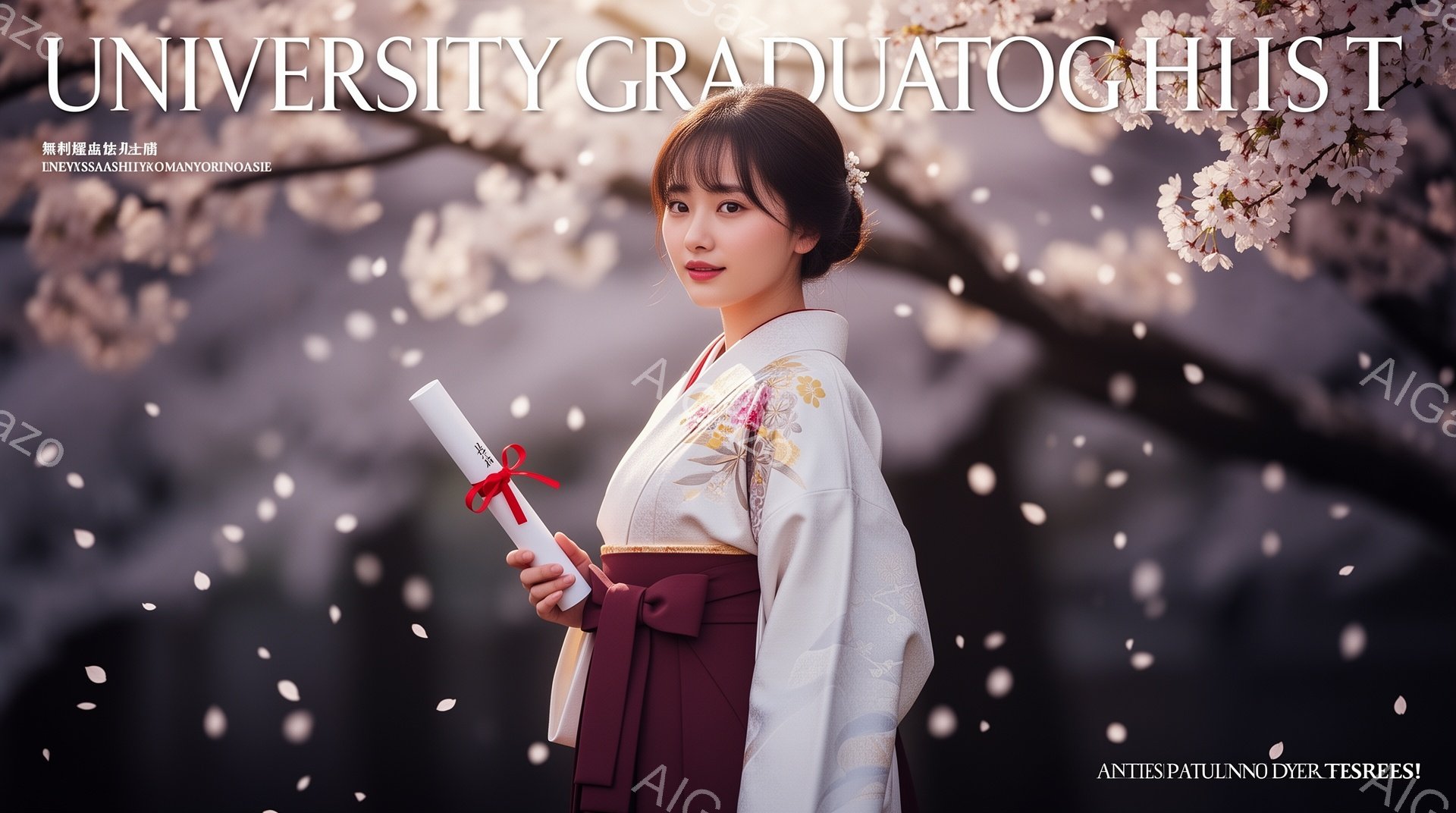 卒業式を迎えた女性が、紺色の着物と金の帯で正装し、満開の桜並木の下に立っている。彼女は卒業証書を手に持ち、少し微笑んだ表情でカメラを見つめている。背景にはぼやけた桜の花びらが舞い、春の暖かく華やかな雰 - AI生成フリー素材