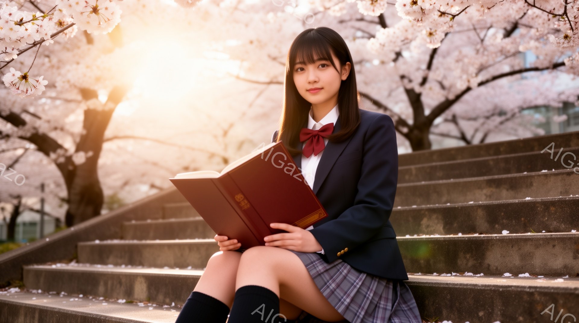 紺色のブレザーにチェック柄のスカート、黒いニーハイソックスを履いた女子学生が、石段に座って赤い表紙の本を開いています。彼女は明るい笑顔で、前髪を下ろしたショートヘアです。背景には桜並木が咲き誇り、暖かく柔らかな光が降り注いで、春の穏やかな雰囲気を醸し出しています。