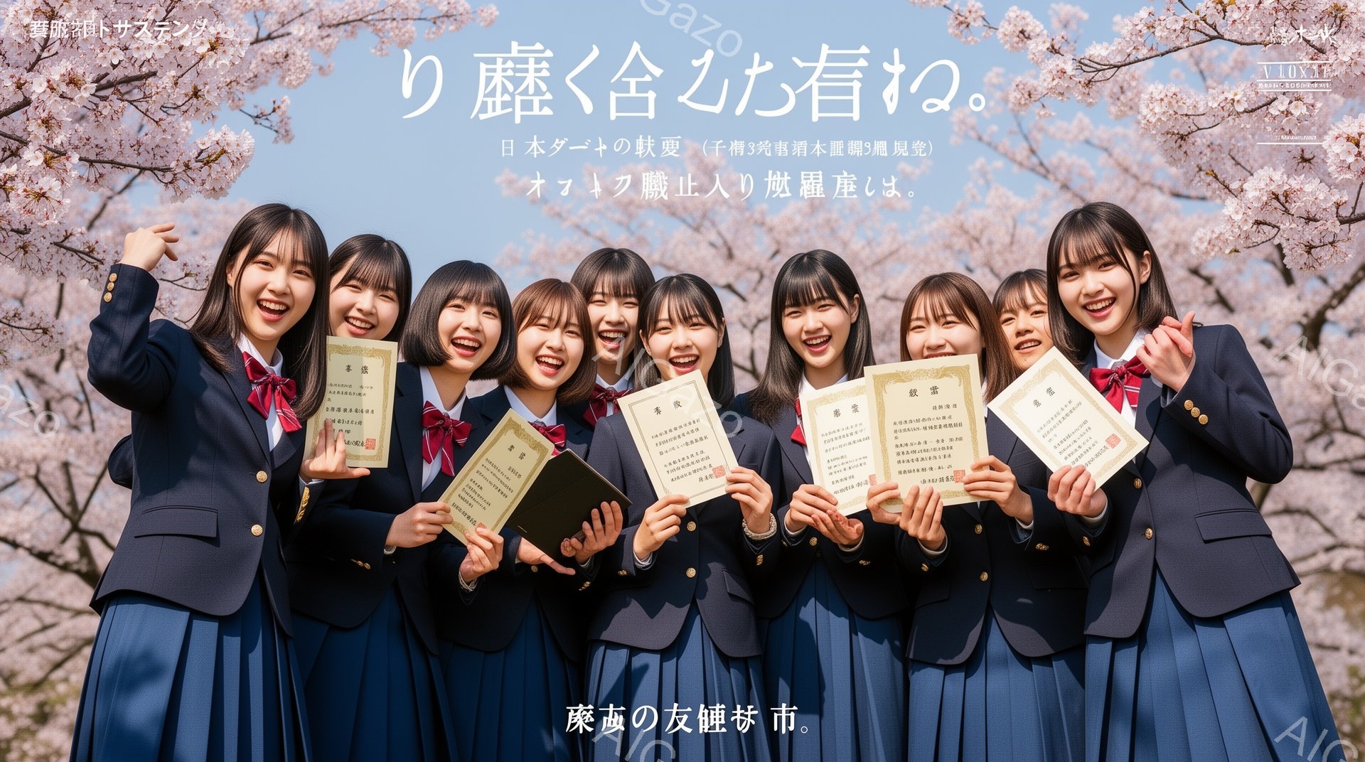 制服姿の女子高生たちが、桜並木の下で卒業証書を手に笑顔で並んでいます。紺色のブレザーにチェック柄のスカート、赤いリボンが特徴的な制服を着ており、明るい表情でカメラに向かってポーズをとっています。背景には桜が咲き誇り、晴天の下、春の暖かさと卒業の喜びが伝わる、華やかな雰囲気です。